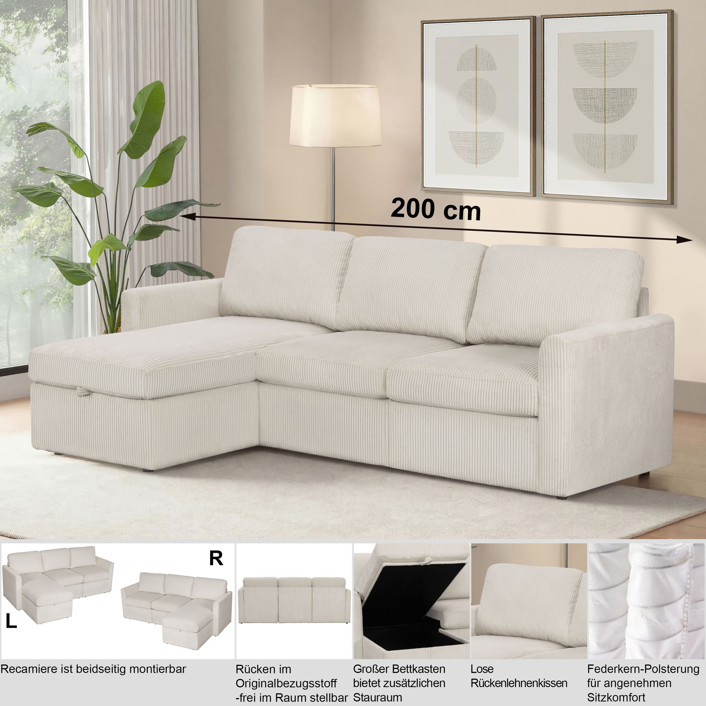 Dorel Home Ecksofa »NORDHUS, L-Form, 200 cm, Recamiere rechts/links montierbar« großer Stauraum, softer Cord und feiner Webstoff-Bezug