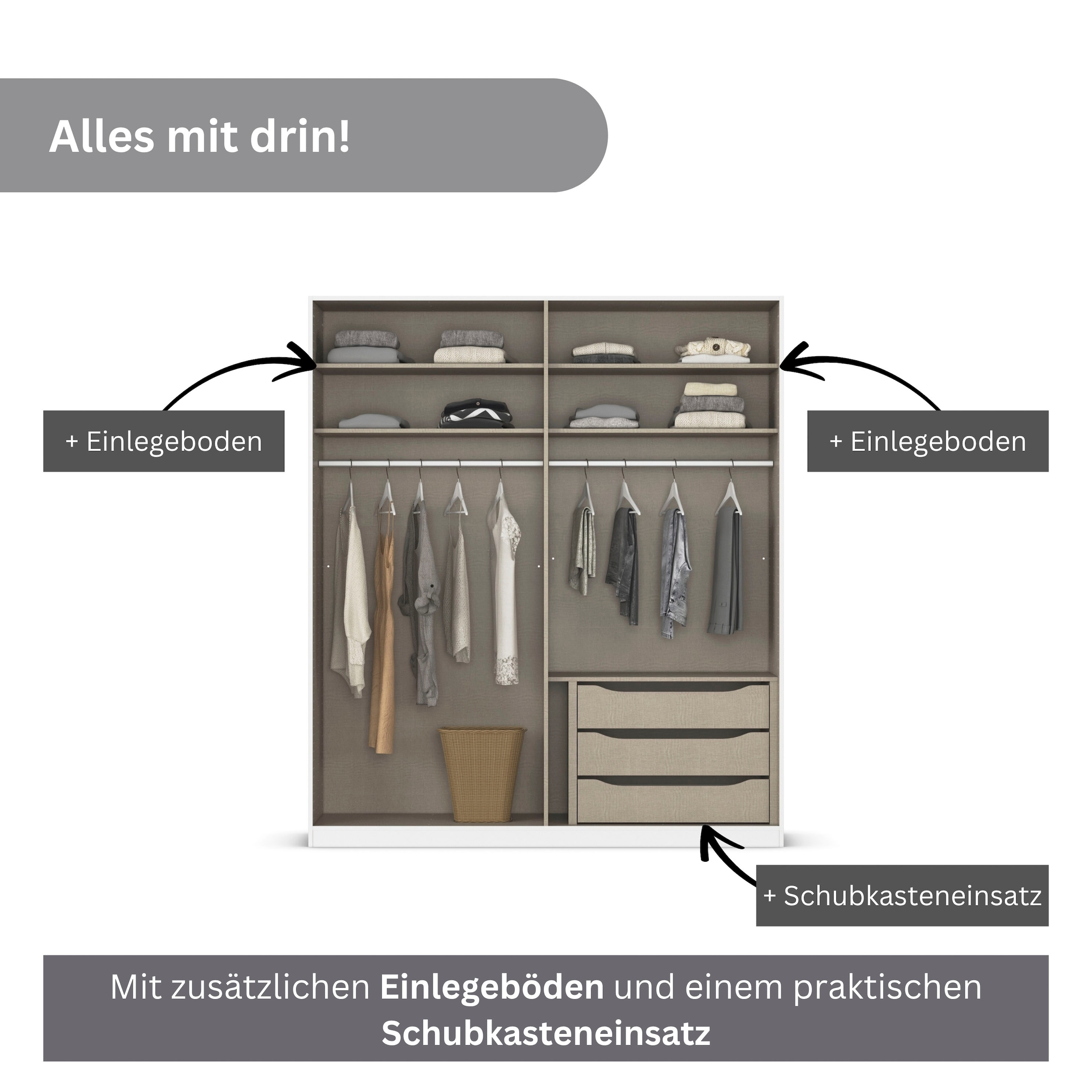 rauch Drehtürenschrank »Kleiderschrank Schrank Garderobe Wäscheschrank Schlafzimmer BELLEZZA« inkl. Schubkasteneinsatz, Wäscheeinteilung und weiterem Zubehör