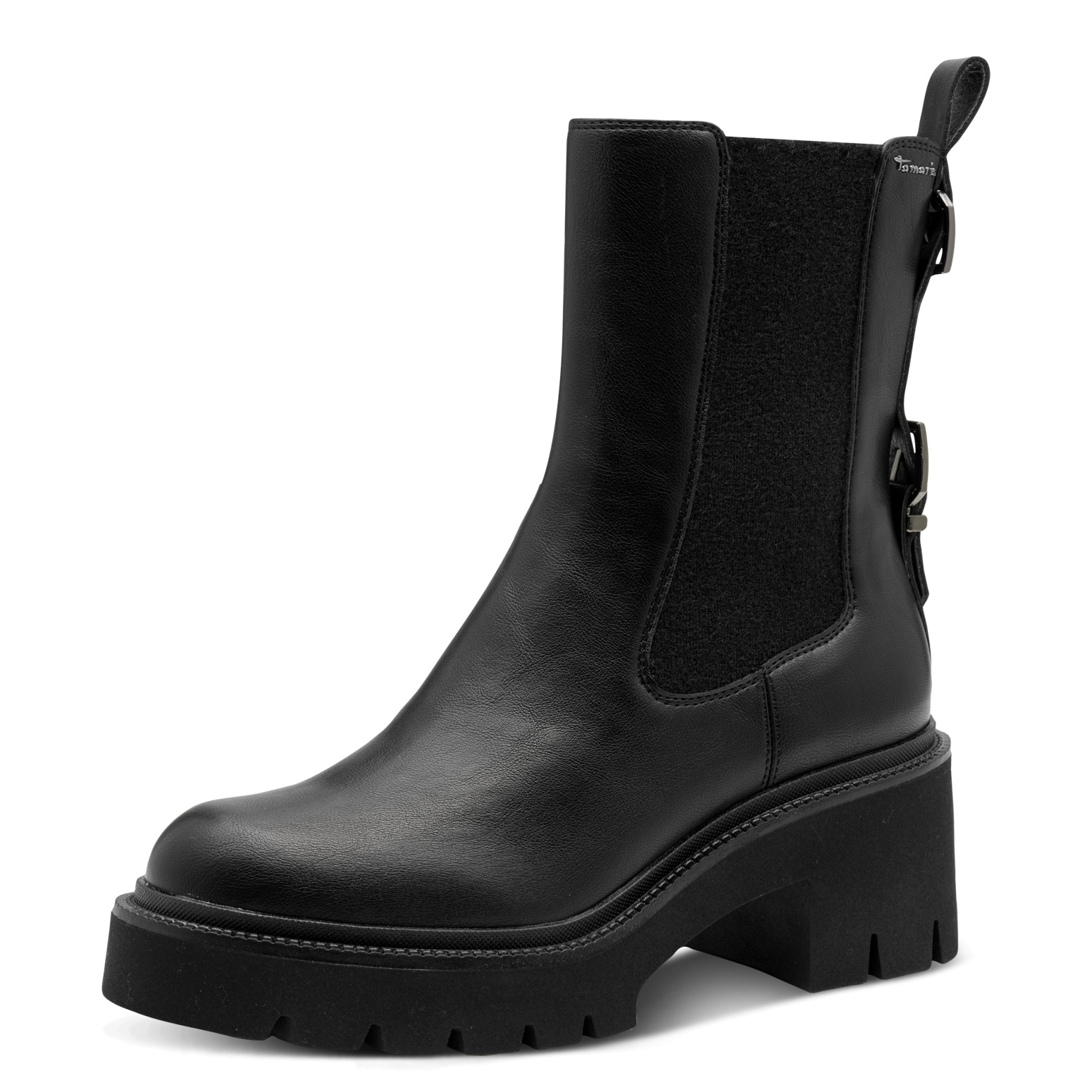 Tamaris Damen Chelseaboots , Blockabsatz, Stiefelette mit Zierschnallen-Element an der Ferse, Größe 39