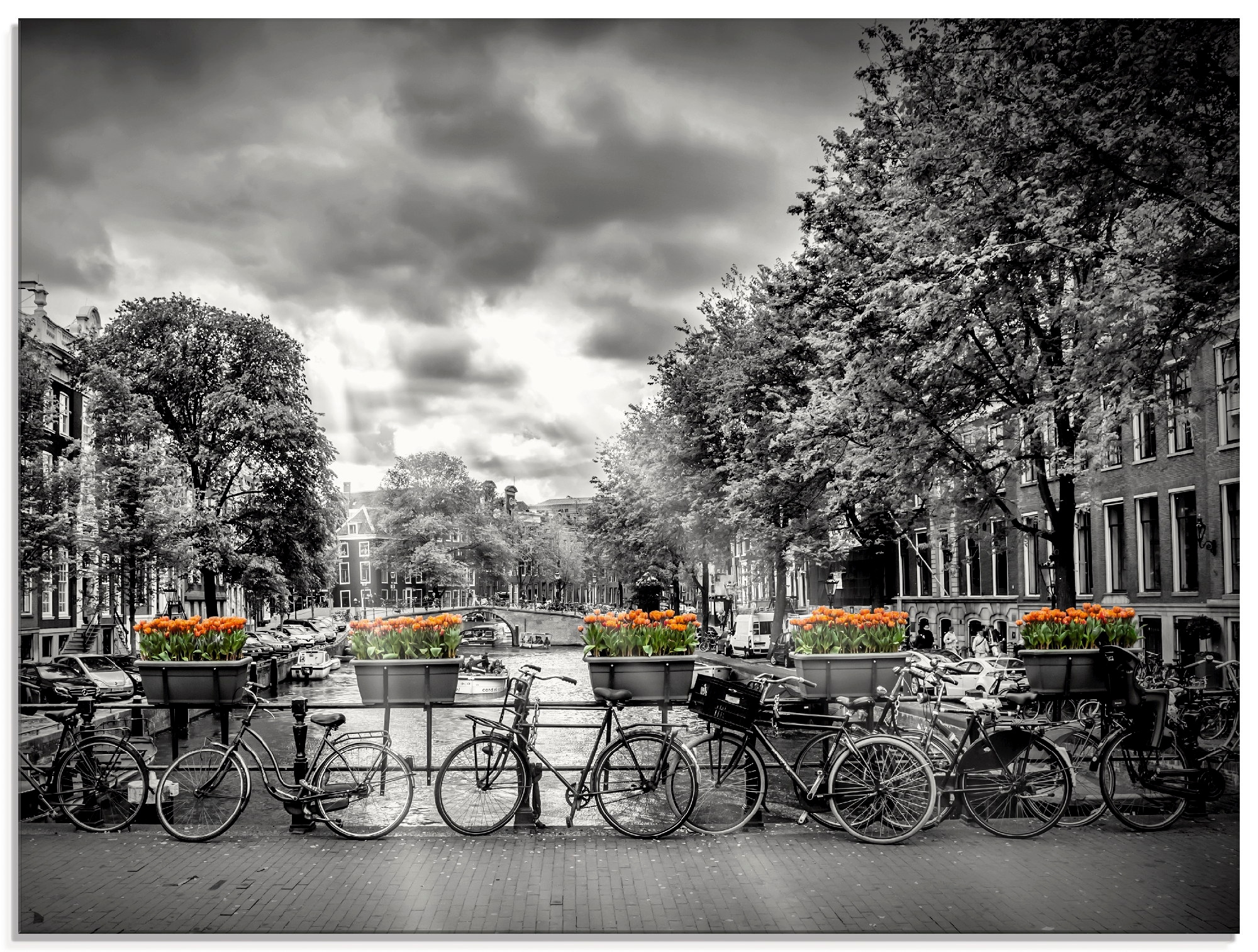 Glasbild »Amsterdam Herengracht Sonnenstrahlen II«, Fahrräder, (1 St.), in...
