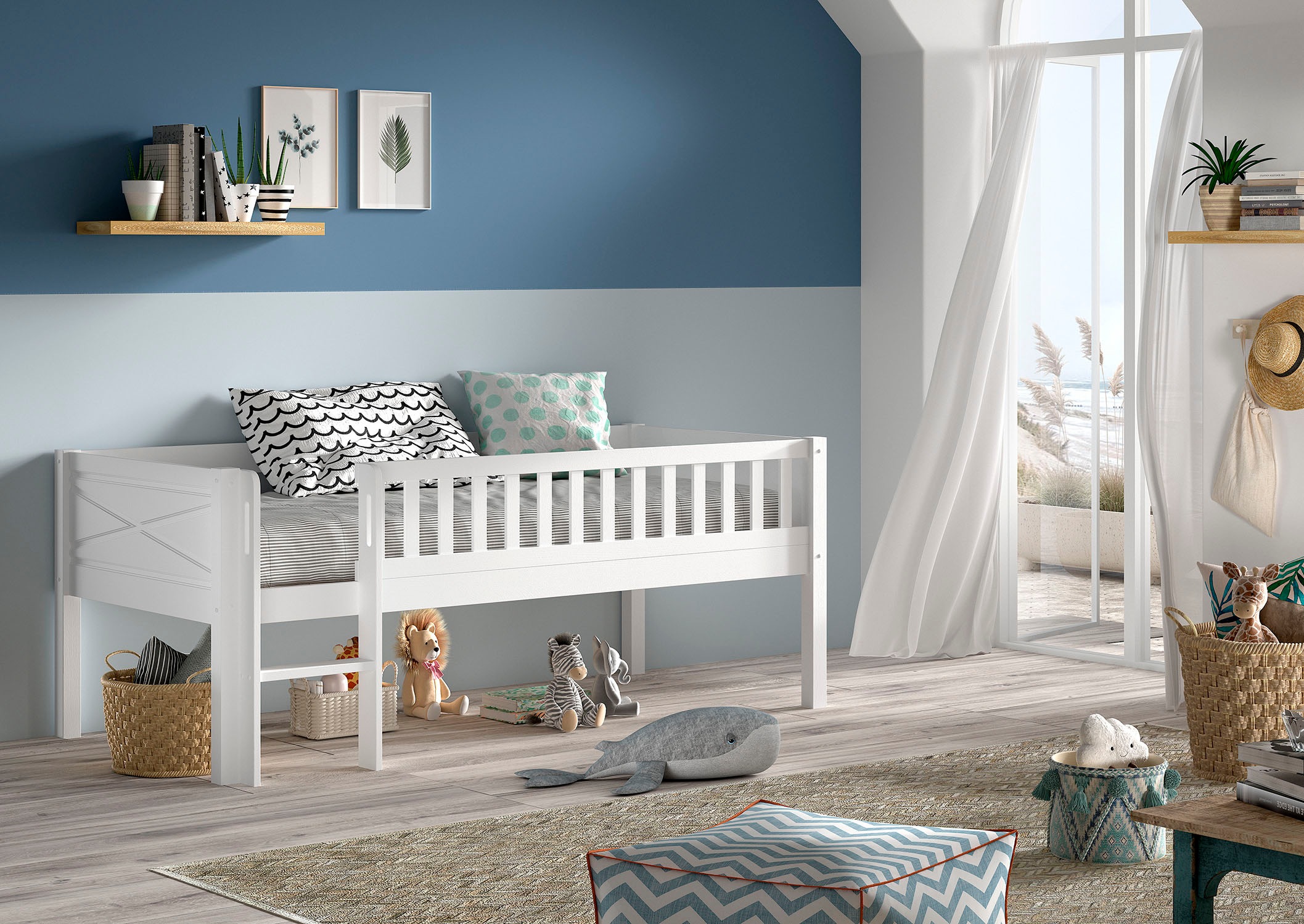 Vipack Spielbett »Scott mit niedriger Einstiegshöhe, inkl. Leiter und Rolllattenrost«, in Kiefer massiv, weiß 90x200 cm, wahlweise ohne und mit Rollboxen