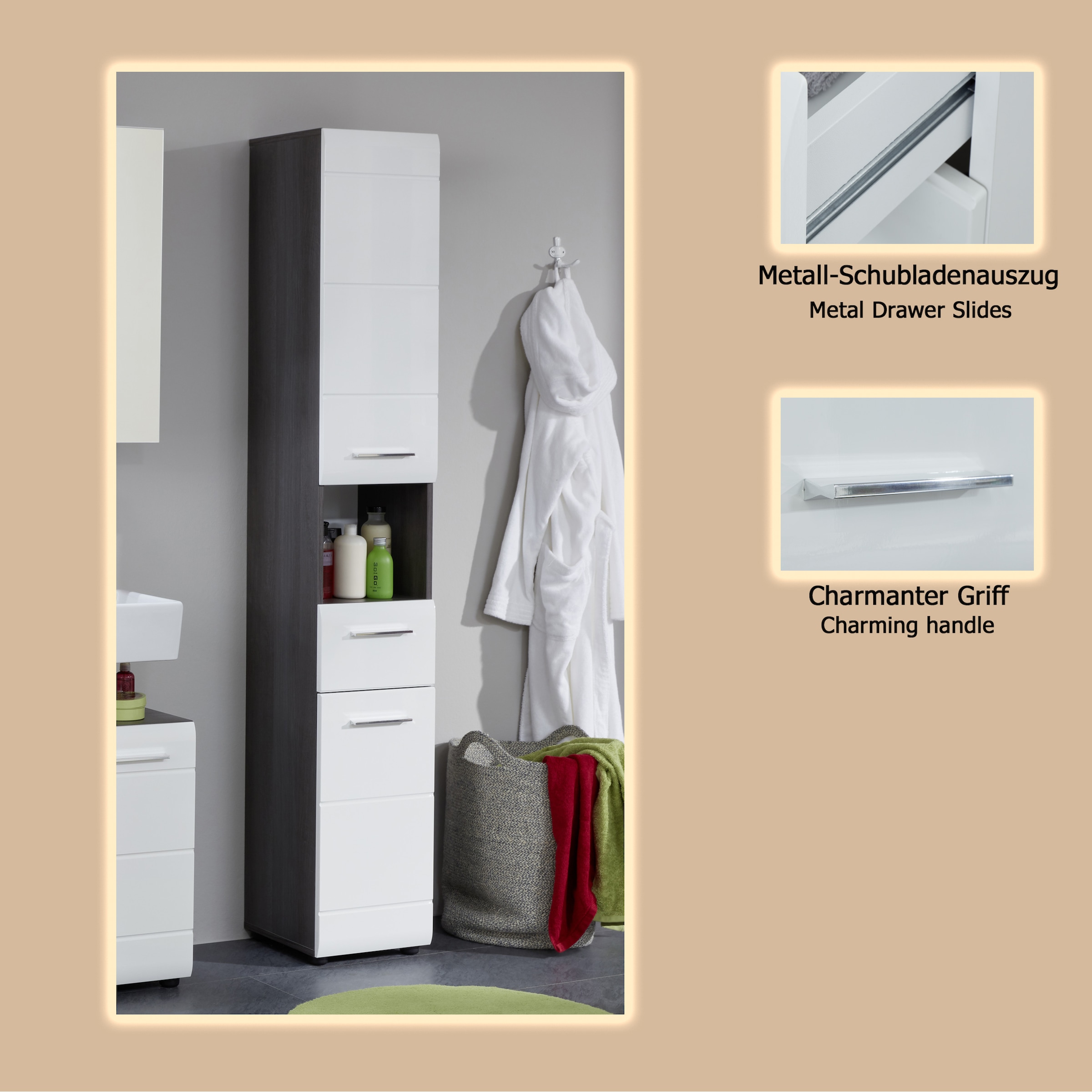 welltime Hochschrank »Sovana«, Badezimmerschrank in Hochglanzoptik - (B/T/H) 30/31/182 cm