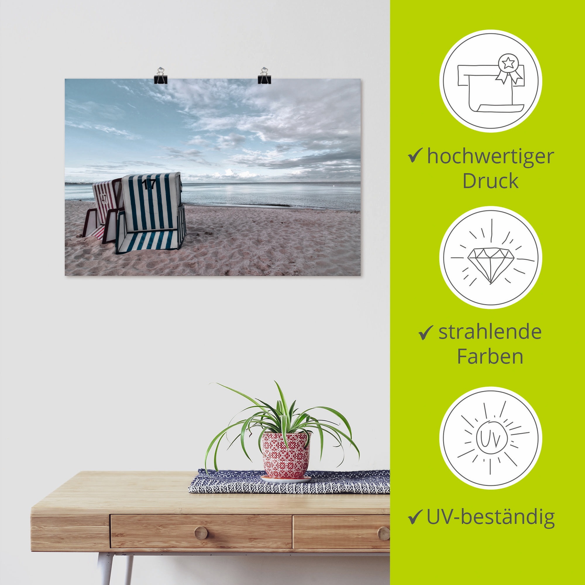 Artland Wandbild »Einsame Strandkörbe am Ostseestrand«, Strand, (1 St.), als Leinwandbild, Poster in verschied. Größen