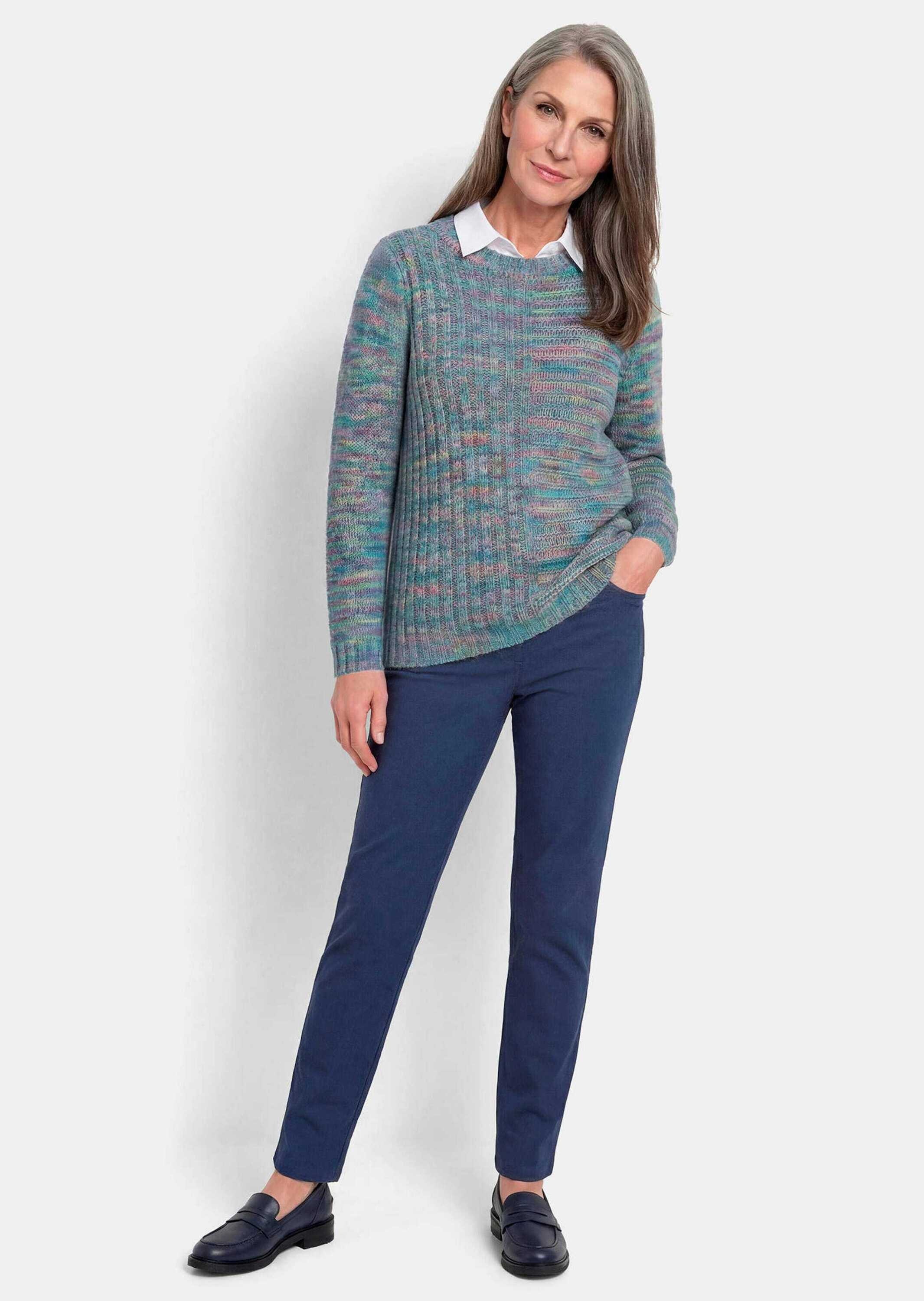 GOLDNER Rundhalspullover »Kurzgröße Melangepullover mit U-Boot-Ausschnitt« mit Multicolorgarn gestrickt