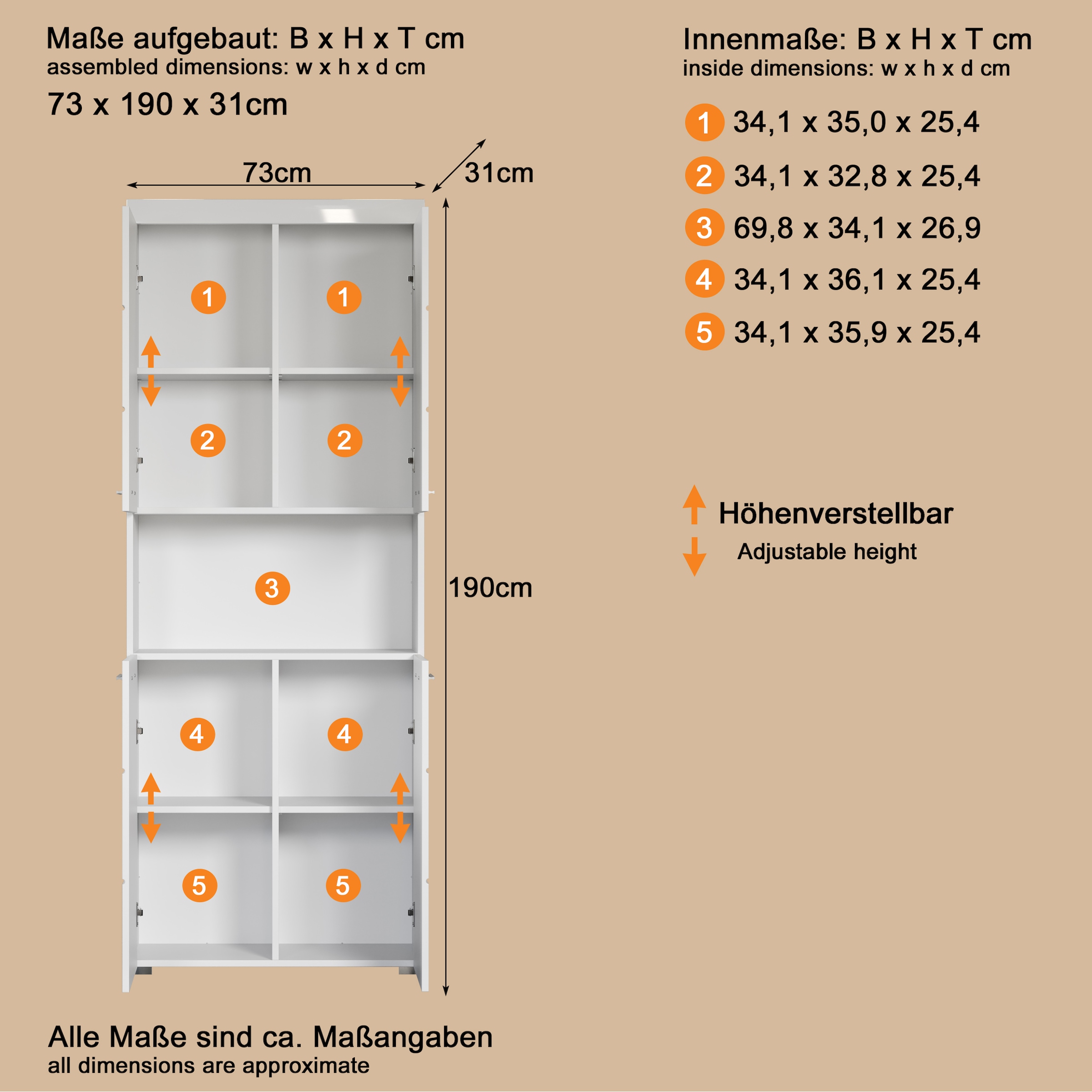 welltime Hochschrank »Avena«, Badschrank 4-türig mit o. Fach und 4 Einlegeböden - B/T/H 73/31/190 cm