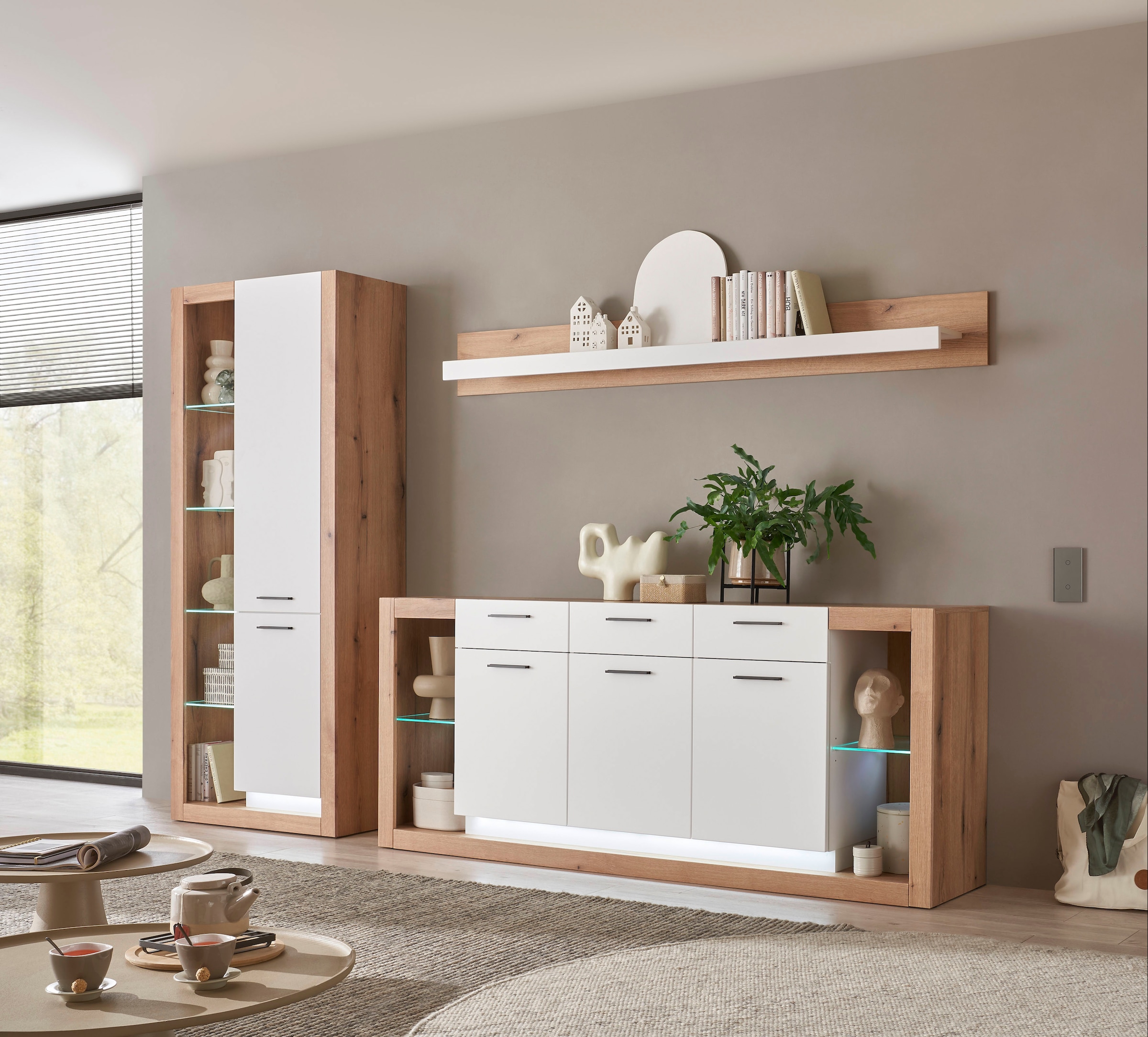 INOSIGN Wohnwand »Brixen, moderne Anbauwand, Wohnzimmer-Set, Eiche Evoke Dekor mit Weiß«, (Set, 3 St.), enthält Stauraumelement, Sideboard und Wandboard