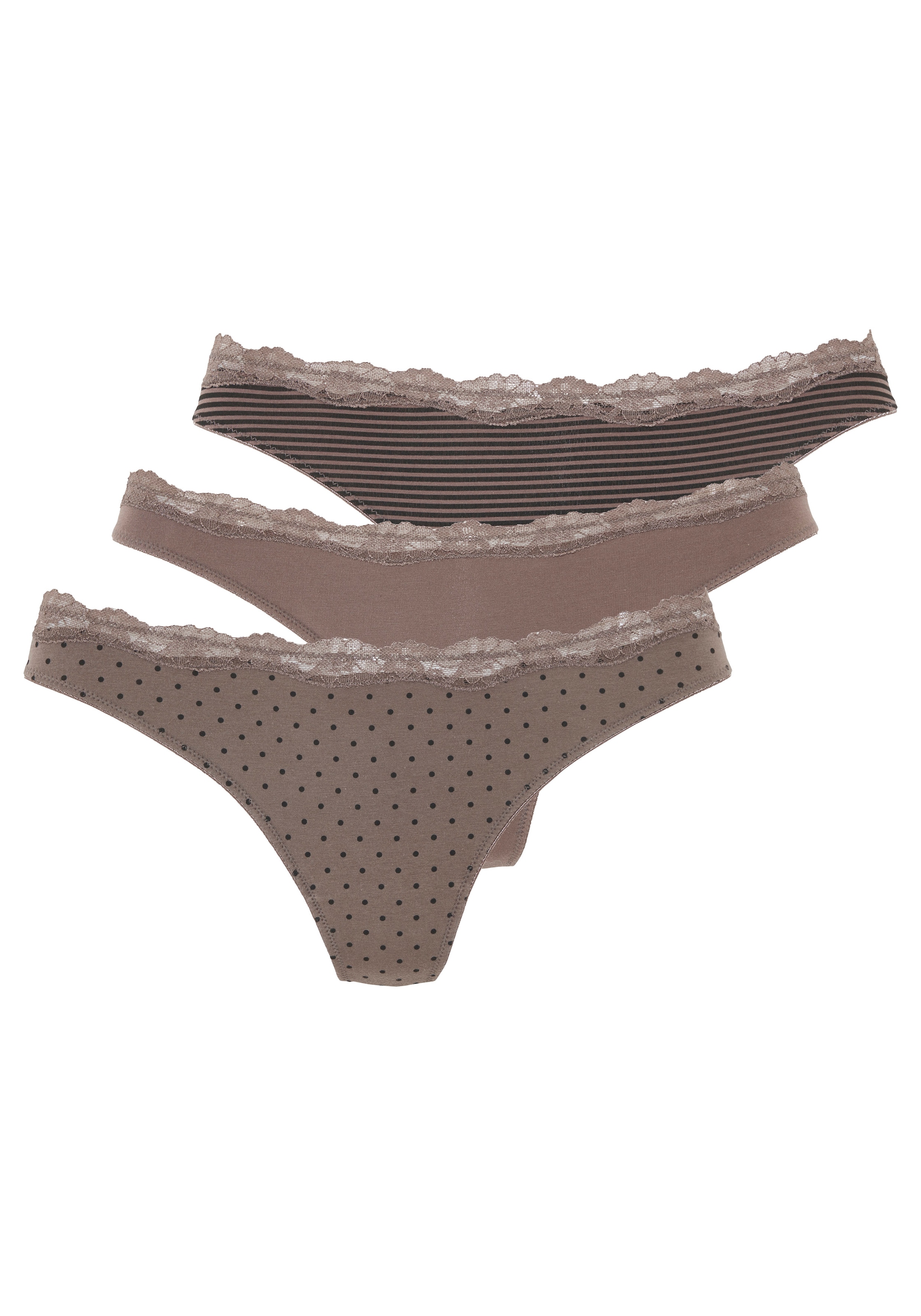 LASCANA String 3er-Pack,  aus elastischer Baumwolle mit zarter Spitze