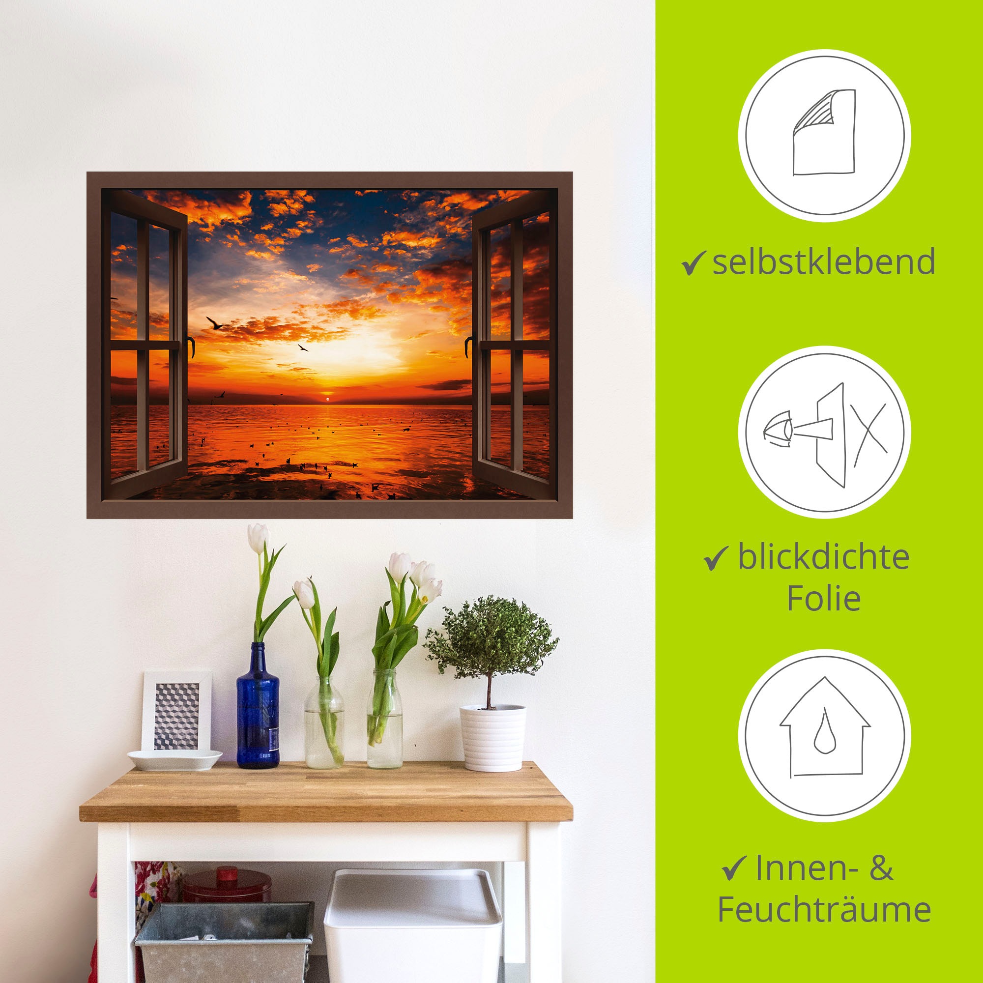 Artland Wandbild »Fensterblick Sonnenuntergang am Strand«, Fensterblick, (1 St.), als Leinwandbild, Poster, Wandaufkleber in verschied. Größen