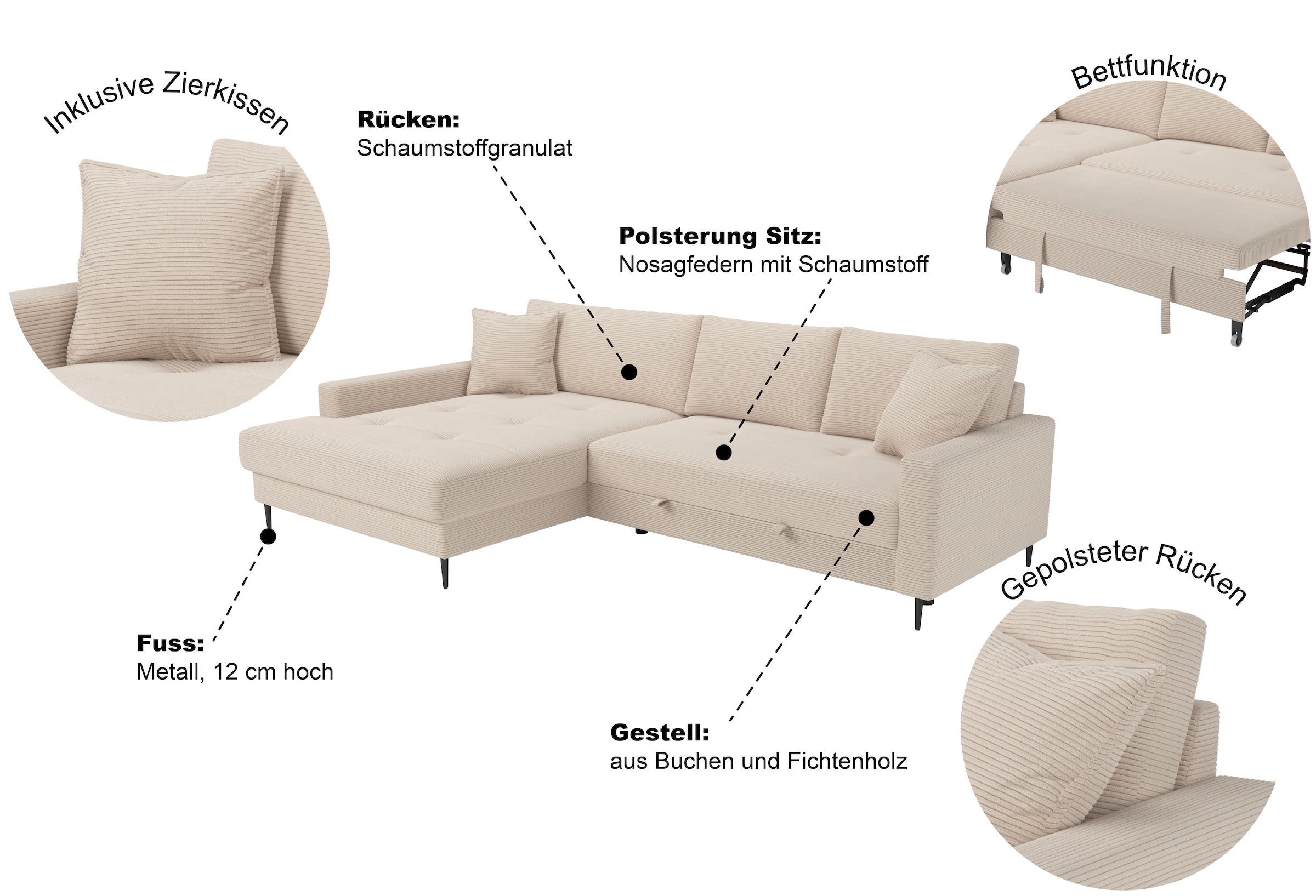 OTTO home Ecksofa »Summer L-Form, B: 284 cm, Schlaffunktion, 2 Zierkissen« optional mit Kopfstützen, Wellenfederung, frei stellbar