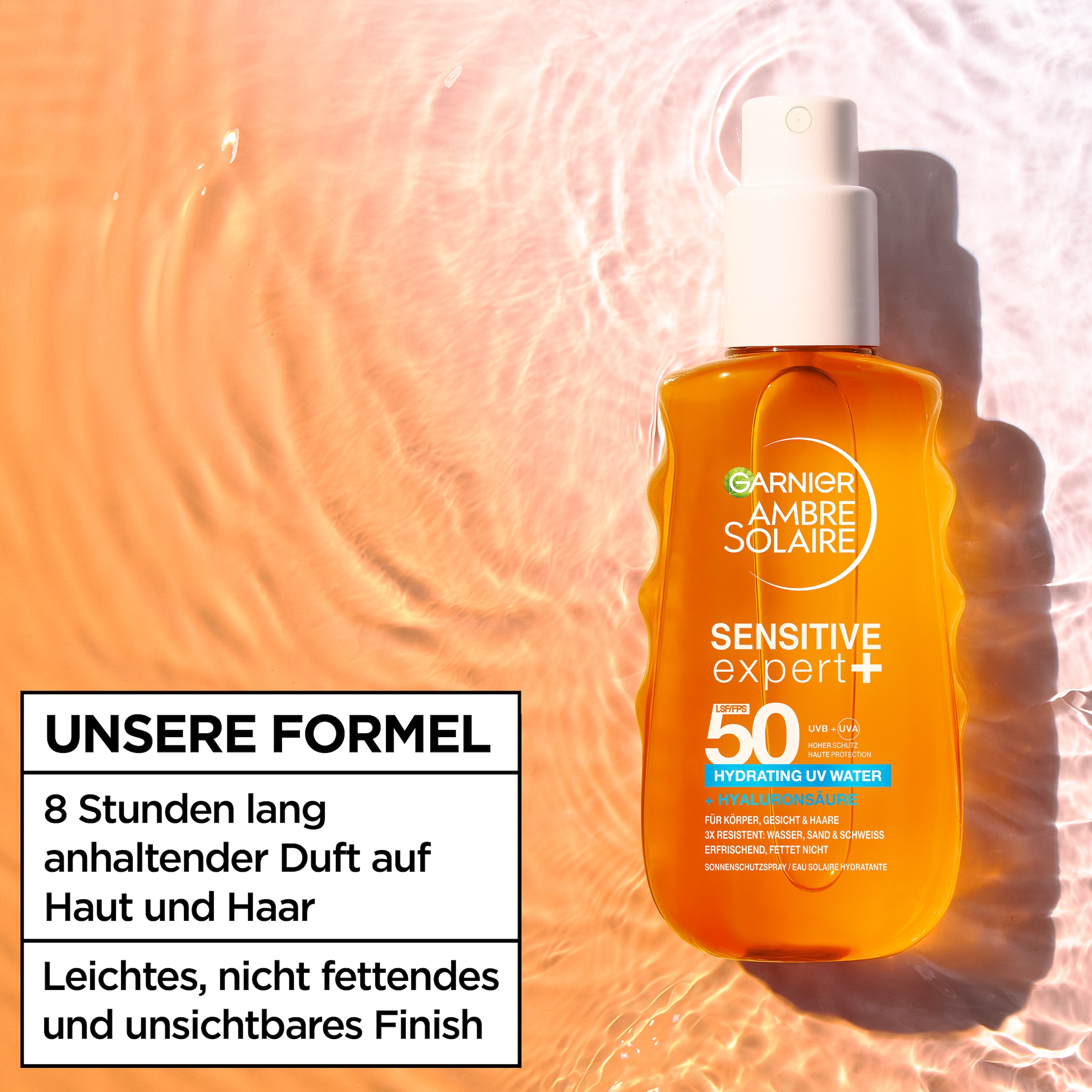 GARNIER Sonnenschutzspray »AMBRE SOLAIRE SENSITIVE EXPERT + HYDRATING UV WATER LSF 50« mit LSF 50, für Körper, Gesicht und Haare geeignet