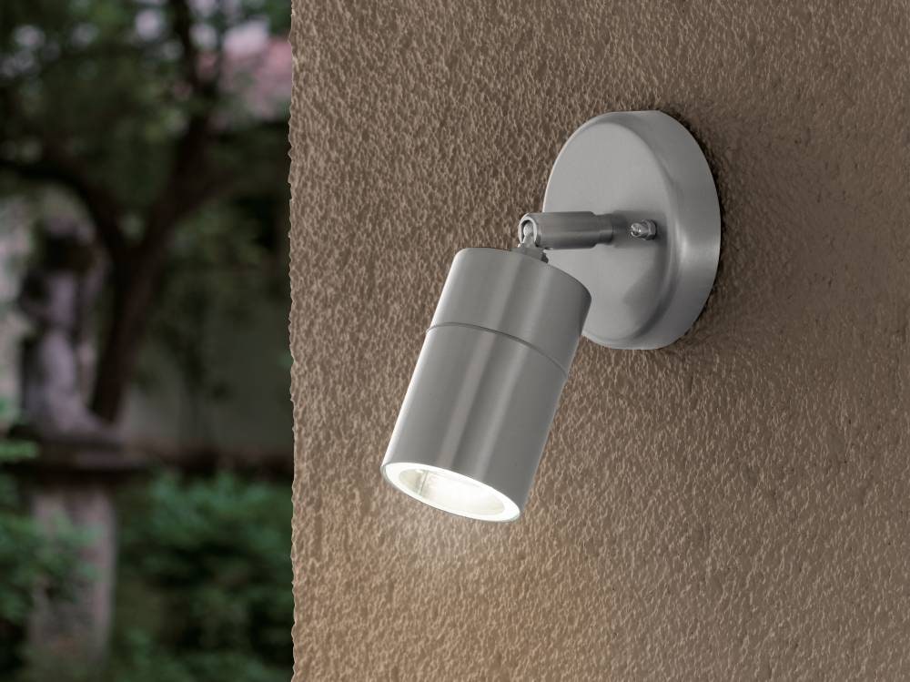 EGLO LED Außen-Wandleuchte »STOCKHOLM1 Spot, Wandspot, Außenleuchte, Eddelstahl, silber, IP44«, 1 flammig, Leuchtmittel GU10 | LED wechselbar, Eckmontage möglich, GU10, Garten, Terrasse, Hauswand, Garage, 10cm