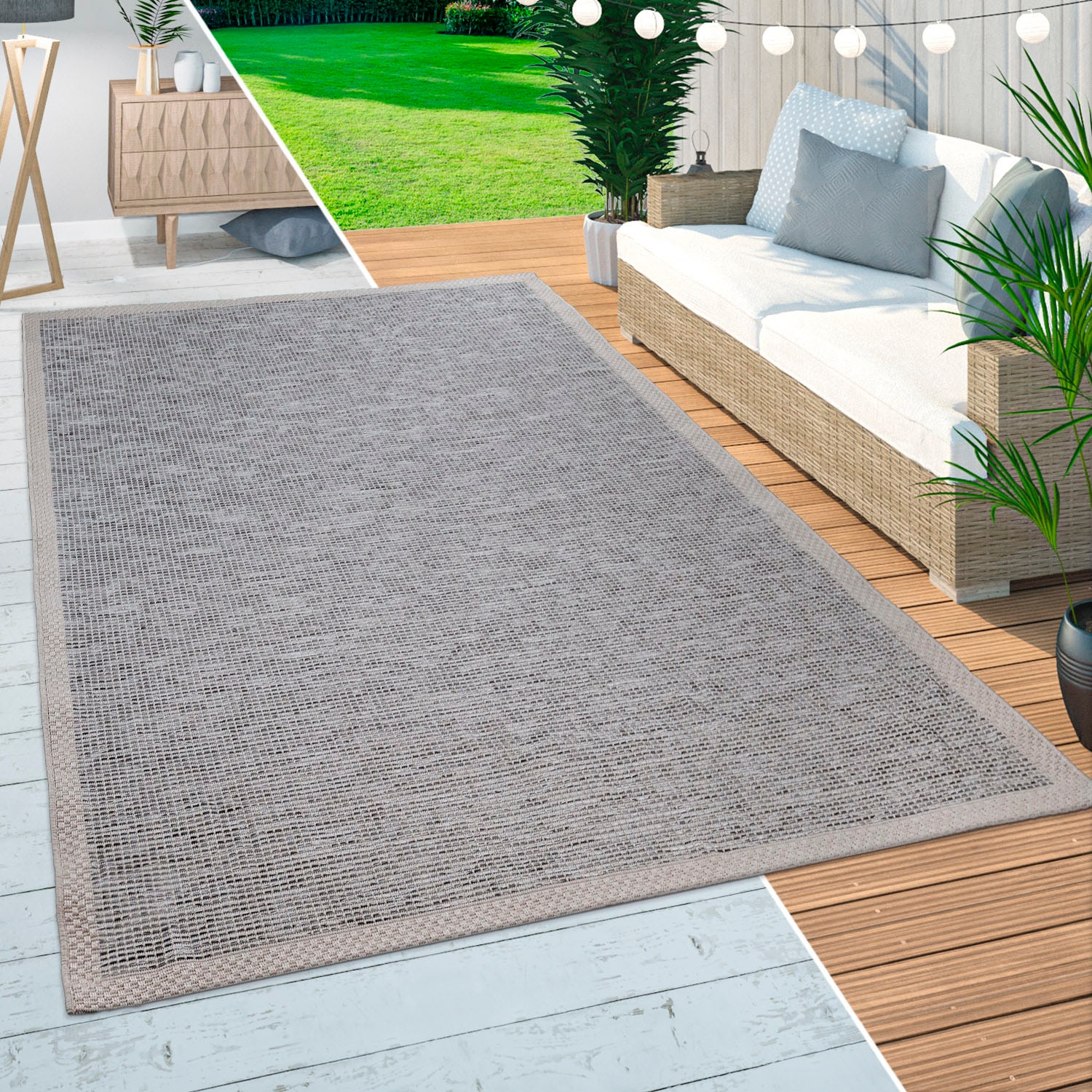 Paco Home Teppich »Quebec 135«, rechteckig, 4 mm Höhe, Flachgewebe, meliert, mit Bordüre, In- und Outdoor geeignet