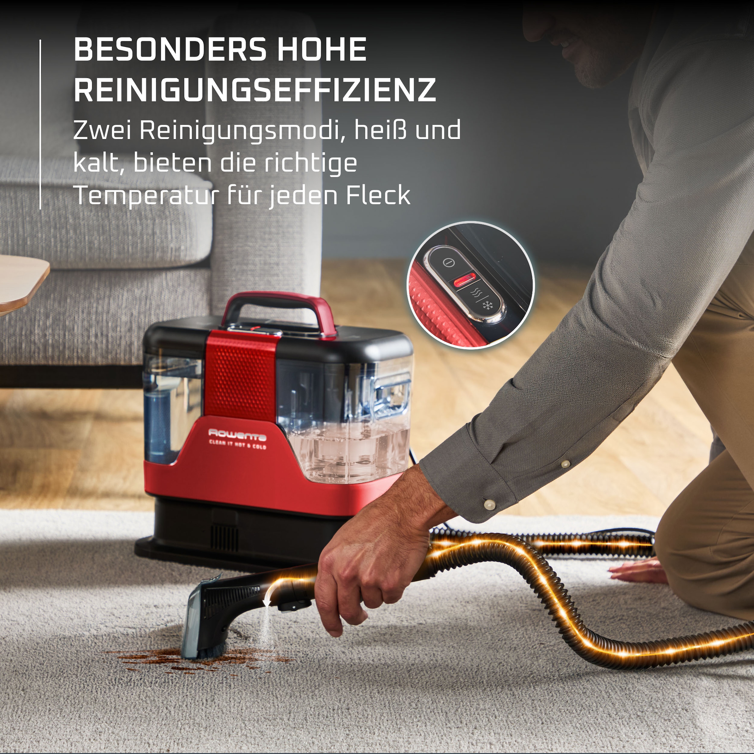 Rowenta Teppichreinigungsgerät »Fleckenentferner IN7020, Clean It Hot & Cold« PowerHeat 60 °C, 2,3 l/1,5 l Tanks, Auto‑Clean, Schmutzfänger-Aufsatz