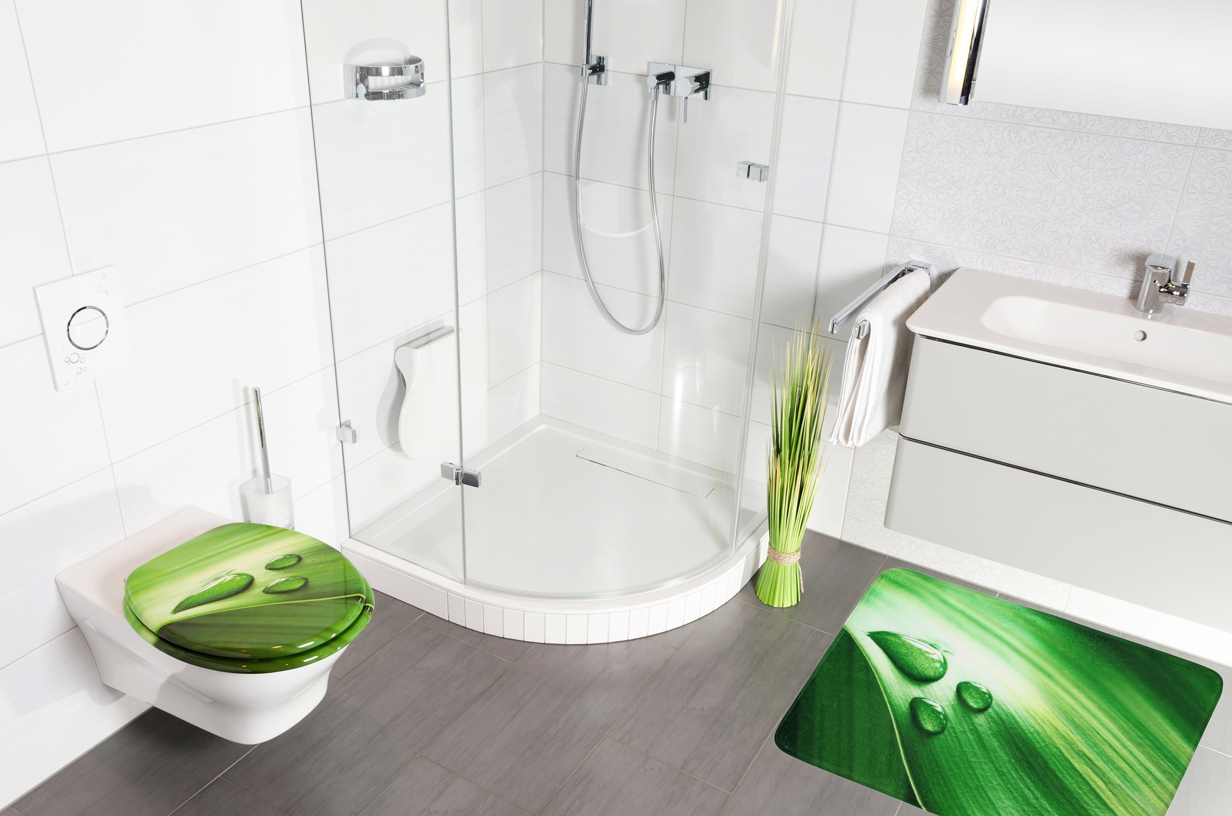Sanilo Badaccessoire-Set »Green Leaf«, (Komplett-Set, 6 tlg.), bestehend  aus WC-Sitz, Badteppich, Stöpsel, Seifenspender, WC-Bürste kaufen bei OTTO