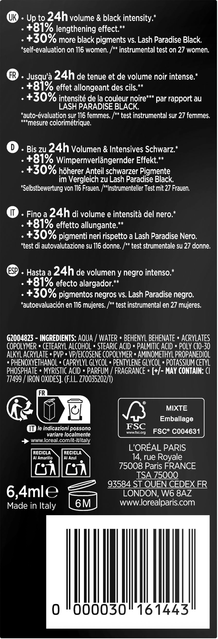 L'ORÉAL PARIS Mascara »Lash Paradise Forever Noir«, mit tiefschwarzer Textur