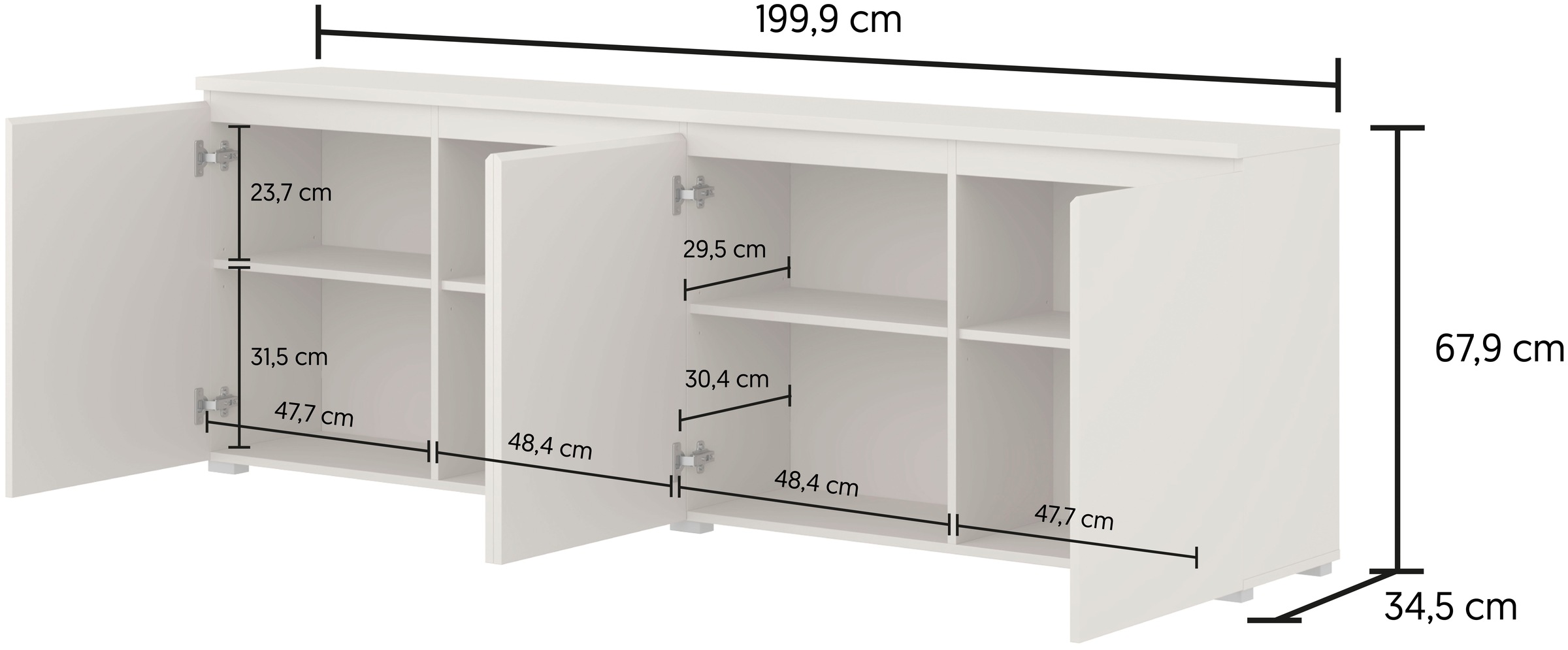 OTTO home Sideboard »Modo, Breite 200 cm, moderne grifflose Kommode 4Türen« Anrichte mit viel Stauraum, Einlegeböden verstellbar