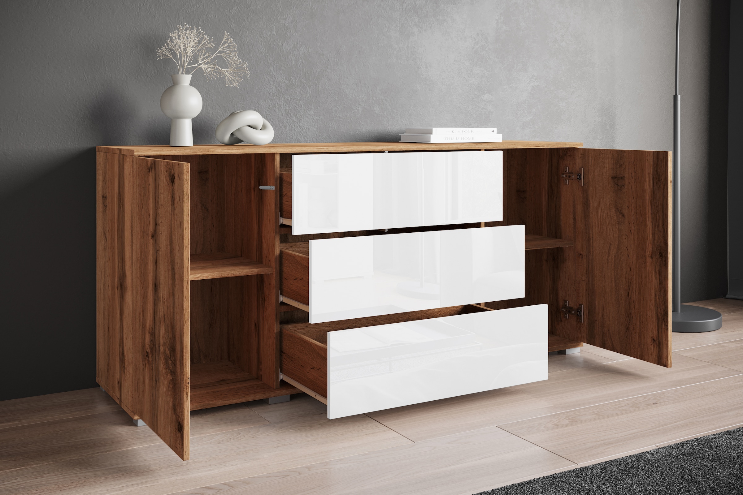 INOSIGN Sideboard »Kenia, Kommode für das Schlafzimmer/Wohnzimmer«, (1 St.), Modernes Sideboard mit 3 Schubladen und 4 Fächern, Breite 150 cm