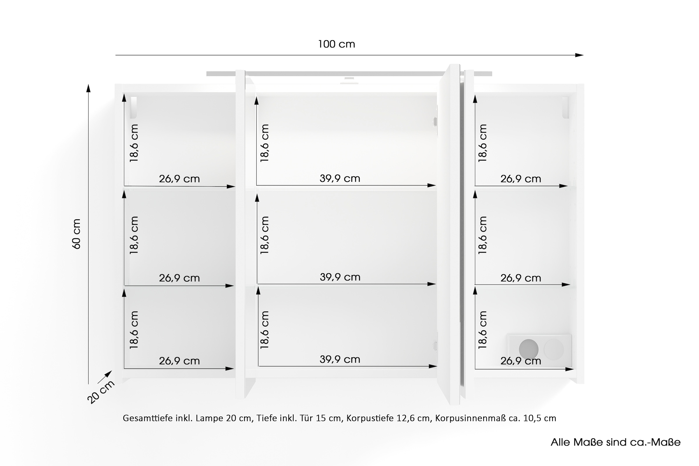 byLIVING Spiegelschrank »Serie Spree, in vielen Breiten erhältlich« Soft-Close, LED Beleuchtung mit Schalter- und Steckdosenbox