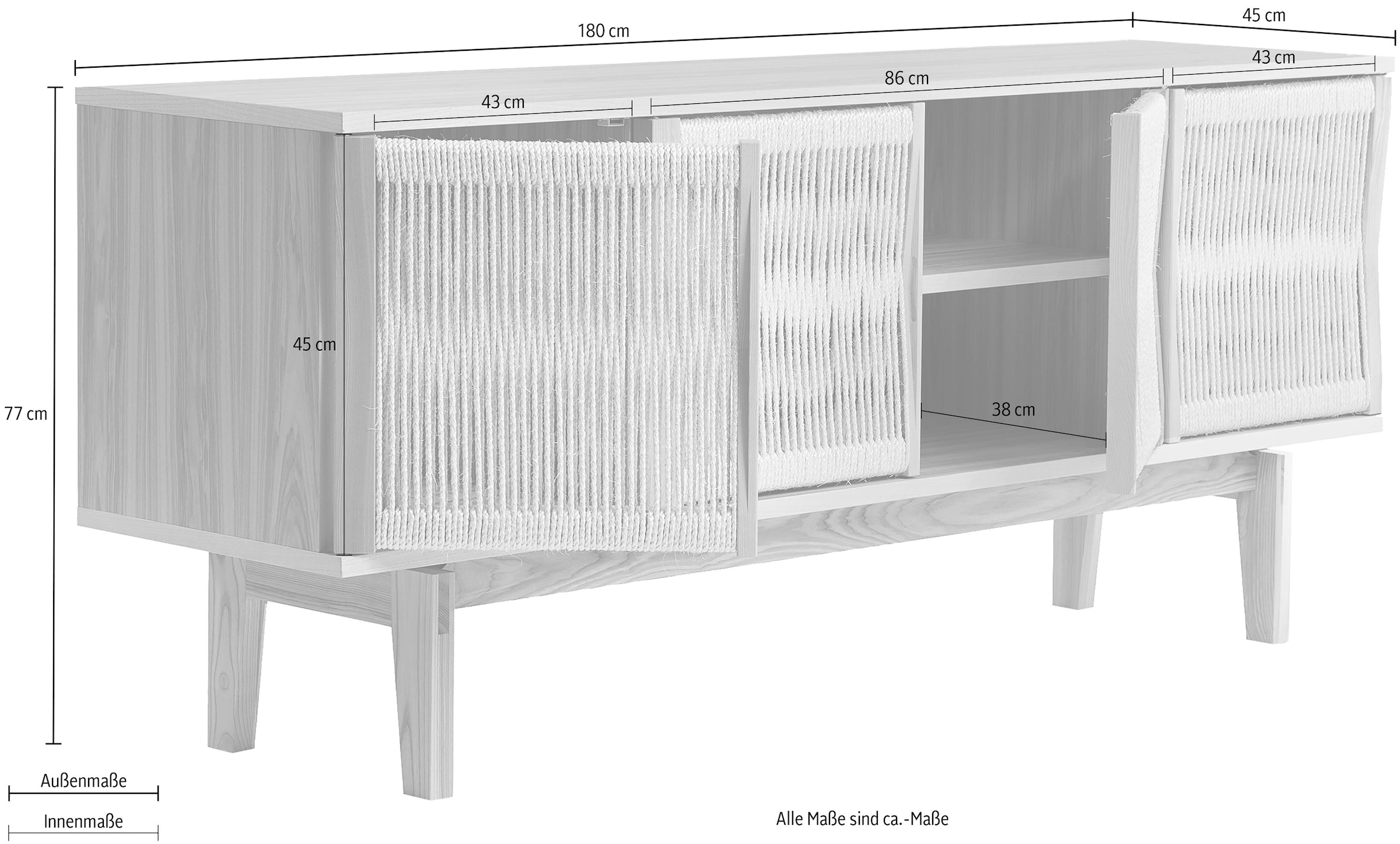 Woodman Sideboard »Lidia«, mit Türenfronten aus geflochtenem nartürlichem Hanfseil, Breite 180 cm