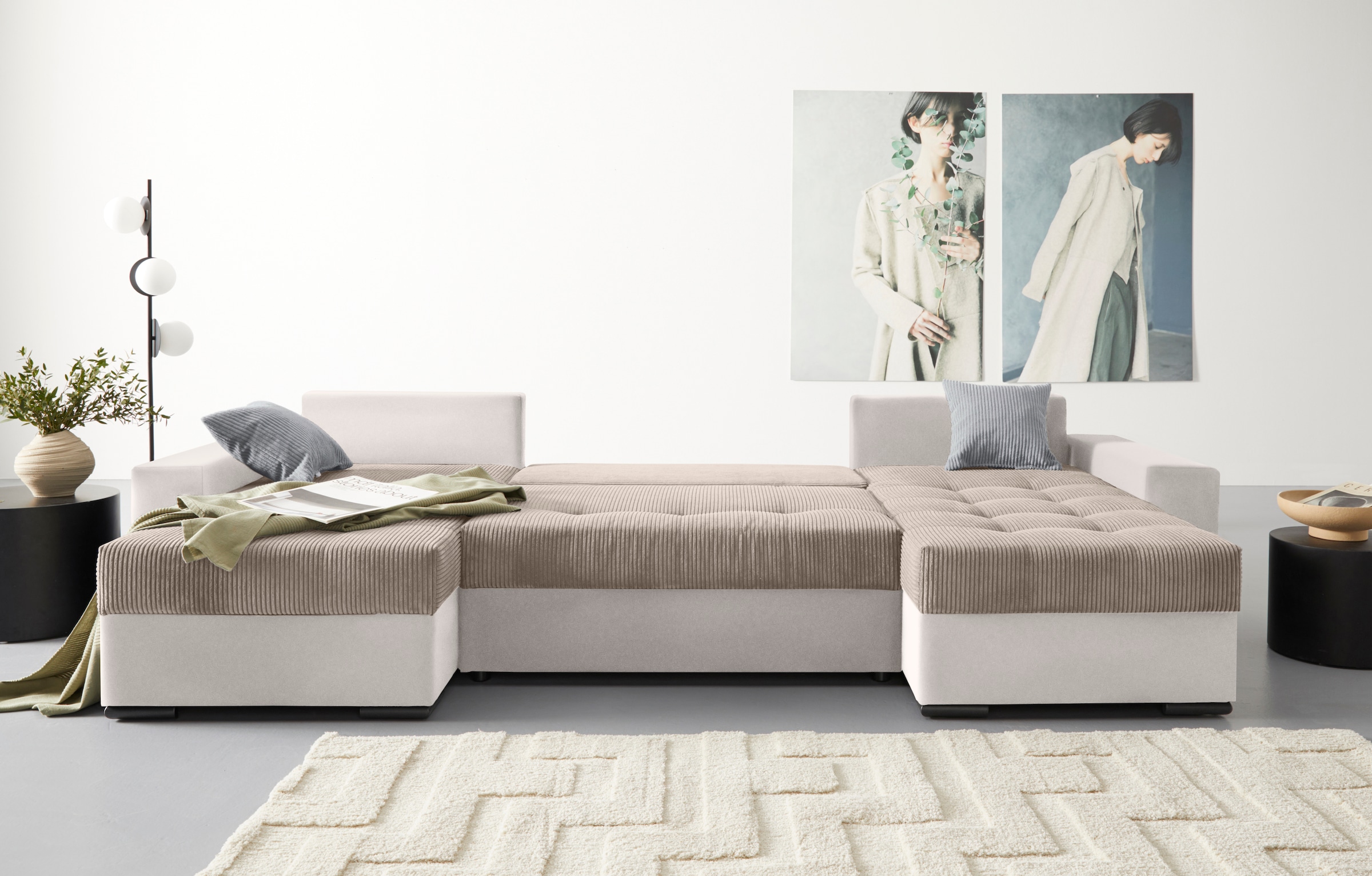 COLLECTION AB Wohnlandschaft »XL-Josy U-Form, Breite 313 cm, Cord-/Mix«, inkl. Bettfunktion, Bettkasten, mit 4 gleich großen Rückenkissen