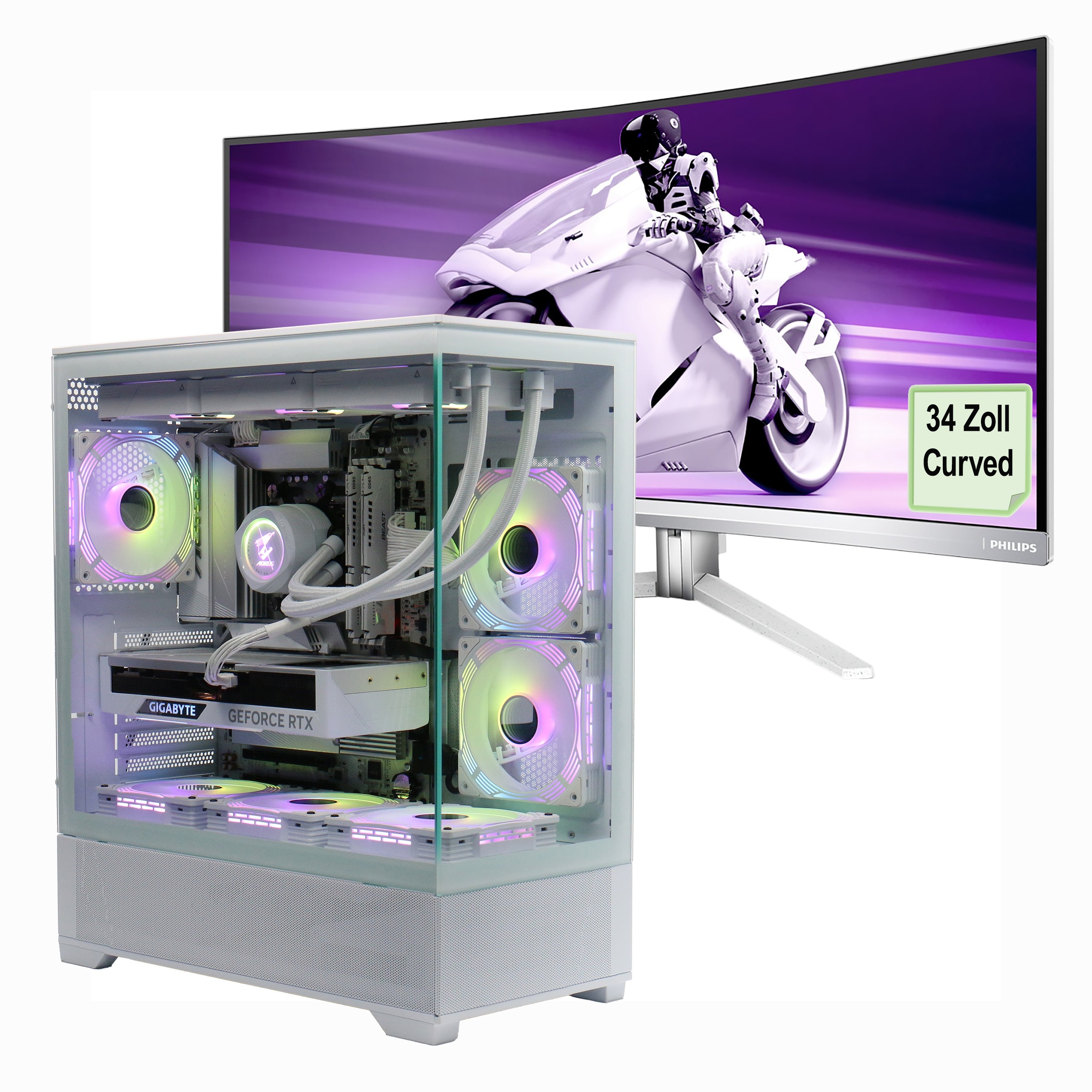 GAMEMAX Gaming-PC-Komplettsystem »ICE SET2468«, DDR5 RAM, PCIe SSD Gen4, Win 11, Philips 34M2C8600 OLED-TFT, Curved