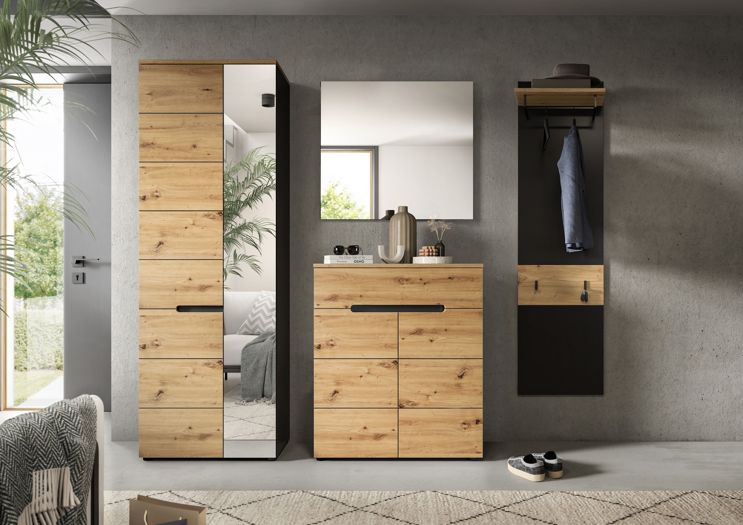 Home affaire Garderoben-Set »REHAT, TOPSELLER!, 4-teilig, Breite 220 cm, individuell erweiterbar« Set, bestehend aus: Garderobenschrank, Kommode, Spiegel & Garderobenpaneel, 4 Stk. tlg.
