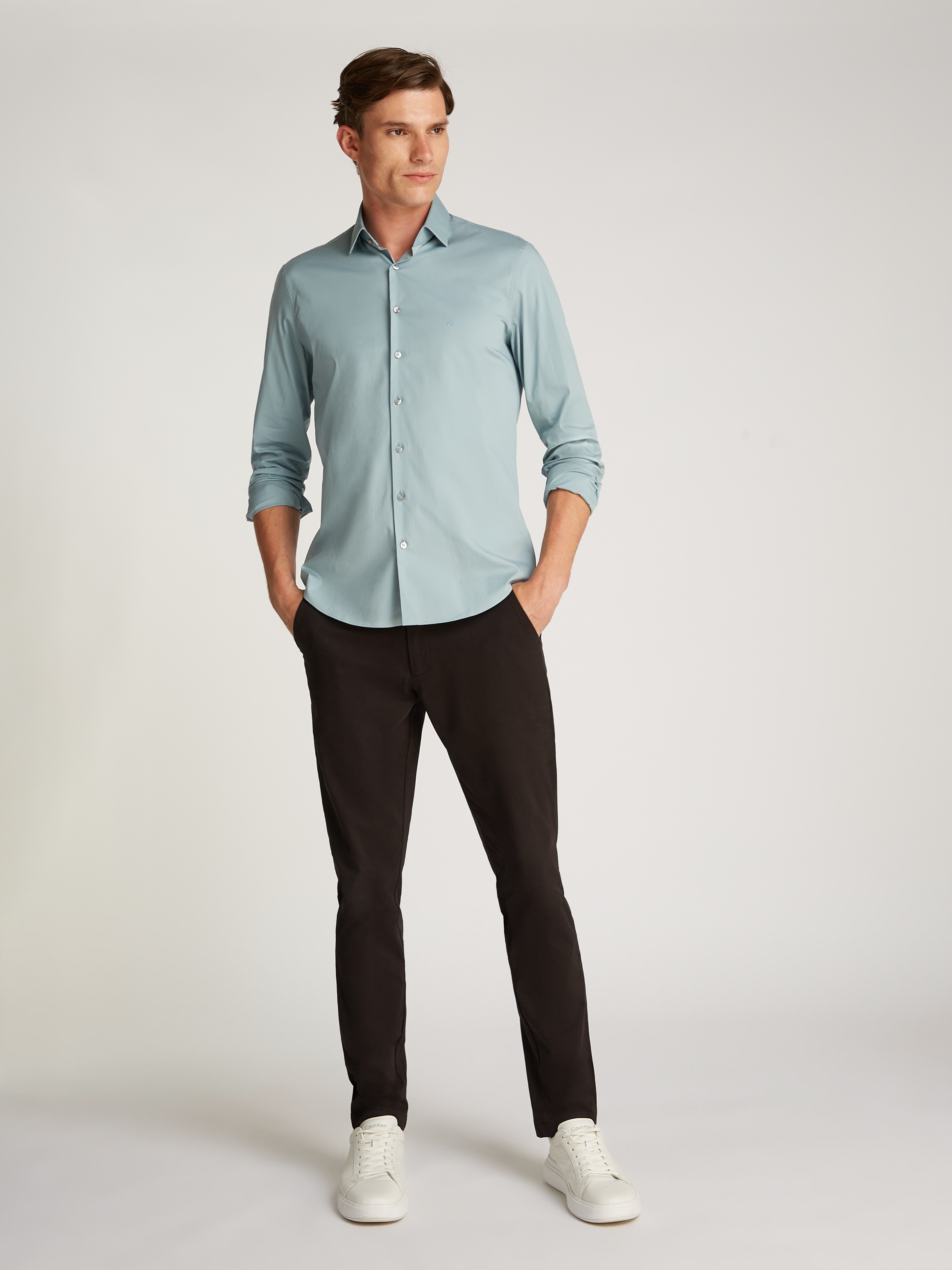 Calvin Klein Businesshemd »POPLIN STRETCH SLIM SHIRT«, mit Kentkragen, Logoprint auf Brusthöhe