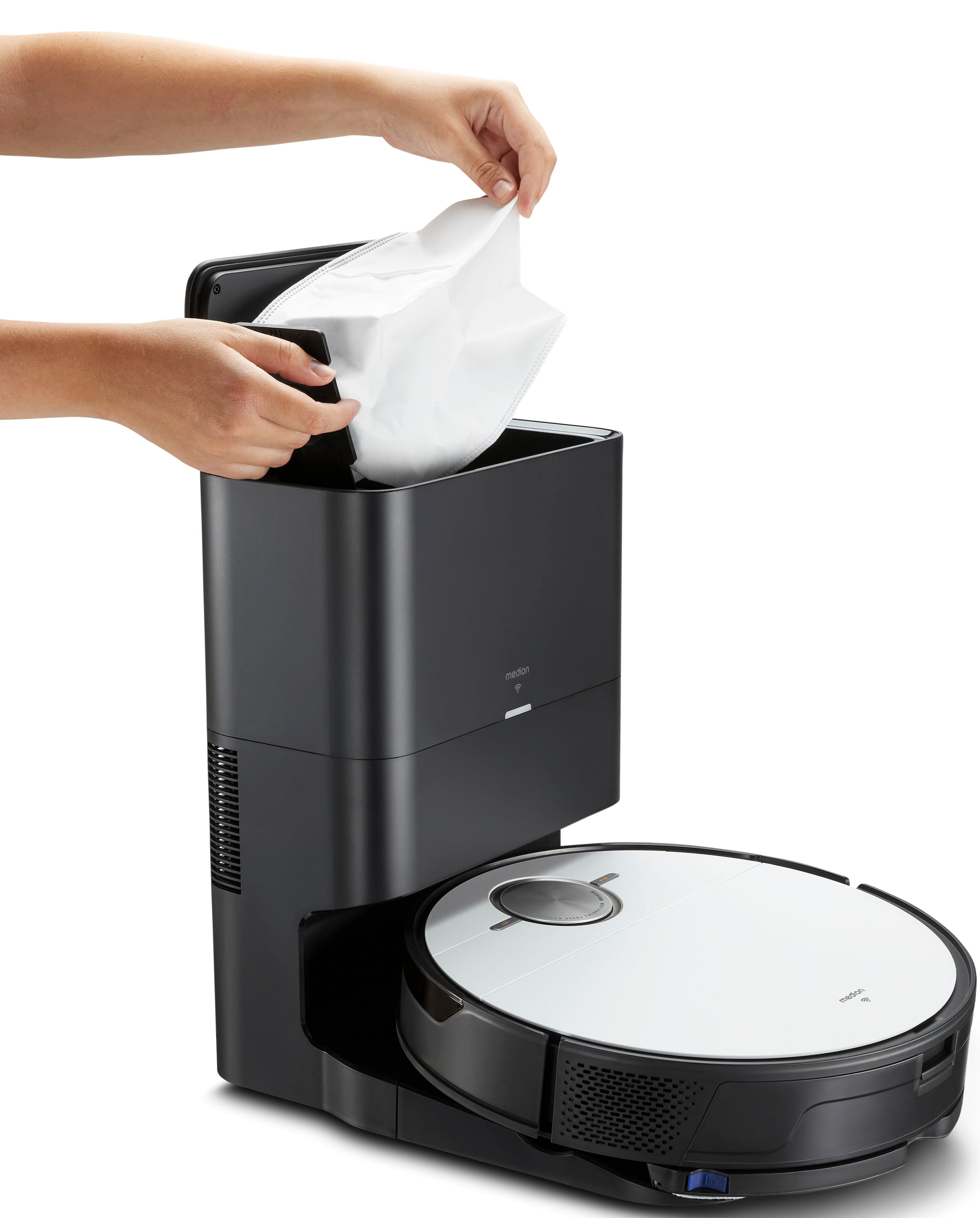 Medion® Saugroboter »X50 SW (MD 20004), Absaugstation, 8 kPa Saugleistung, Lasernavigation«, Teppicherkennung, No Go & Go Bereiche, App-Steuerung