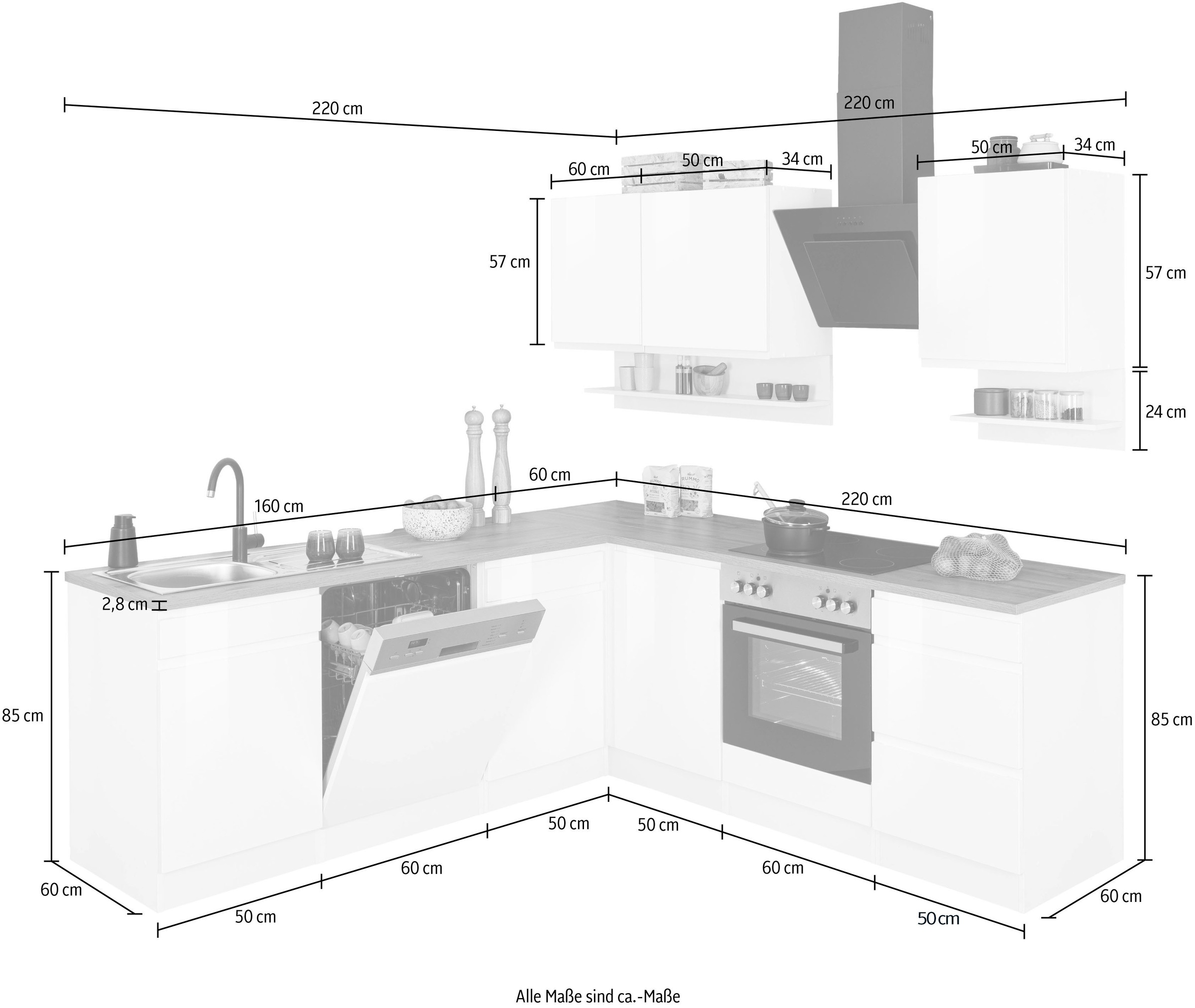 KOCHSTATION Winkelküche »KS-Virginia,neu in verbesserter Ausführung« Stellbreite 220/220 cm, Soft-Close,wahlweise mit E-Geräten