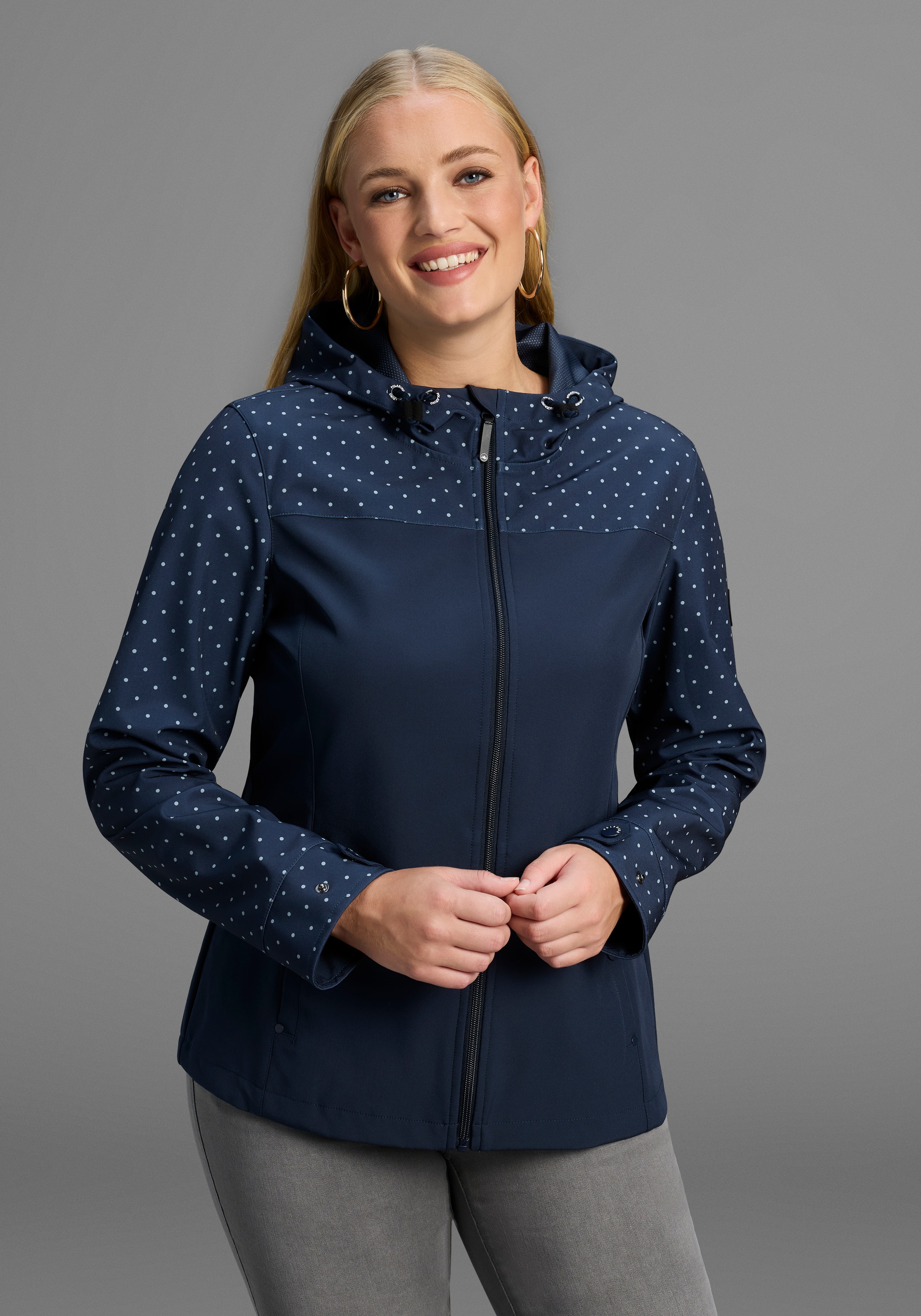 Polarino Damen Softshelljacke mit Kapuze mit Druck in blau, Größe 48