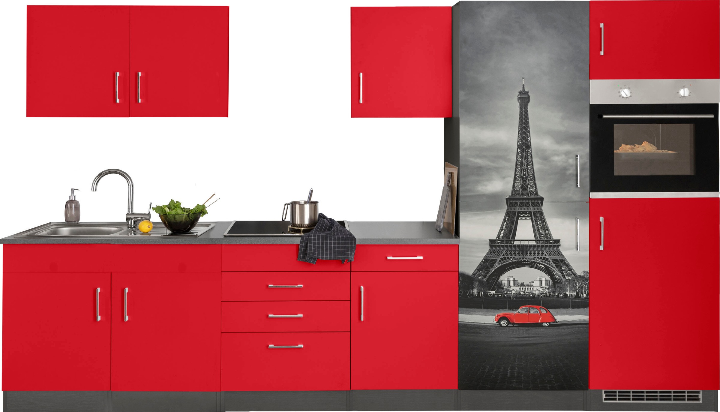KOCHSTATION Küchenzeile »KS-Paris – Küchen mit einzigartigen Fotomotiven auf den Fronten« Breite 330 cm, wahlweise mit E-Geräten und Induktion