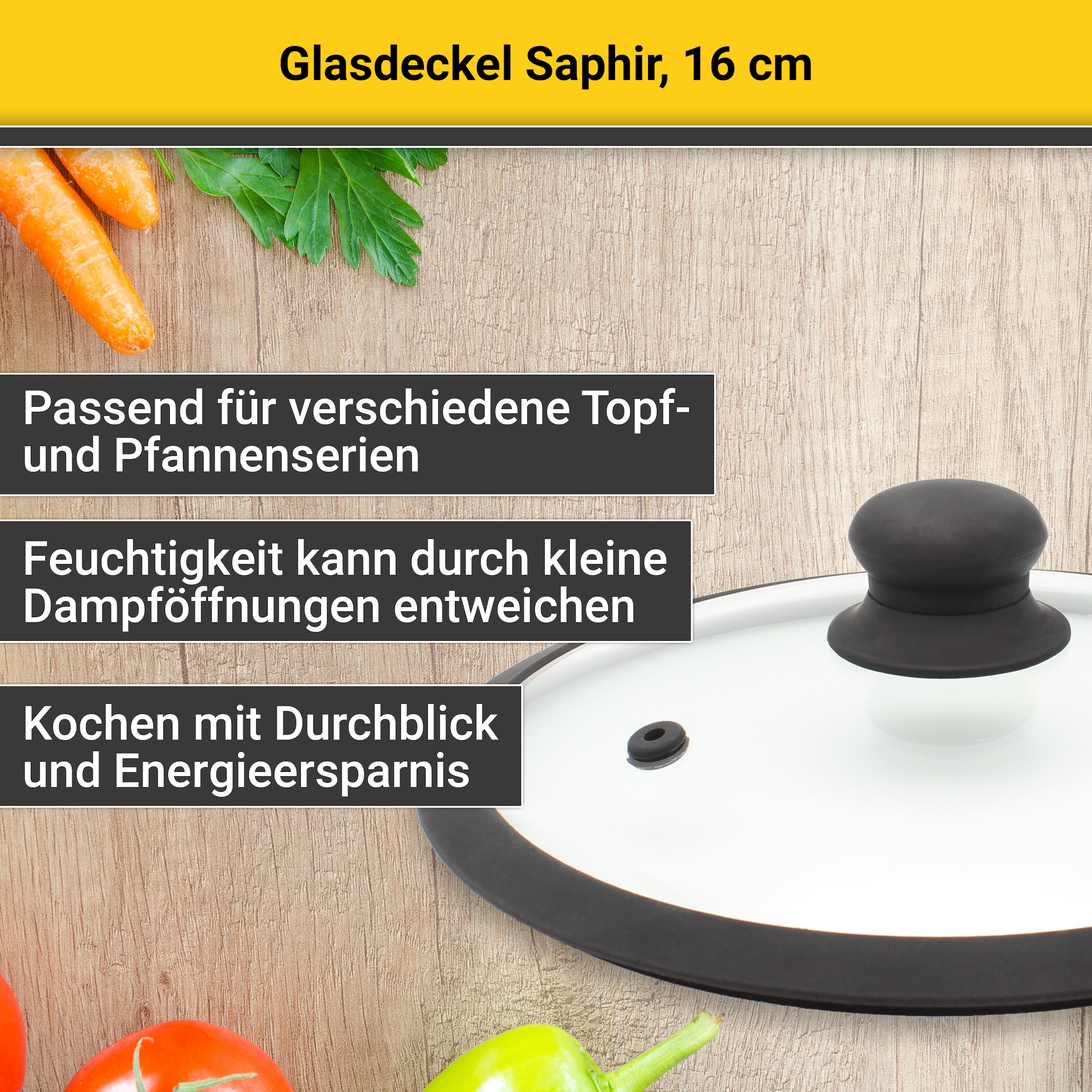 Krüger Deckel »Glasdeckel Saphir mit Soft-Touch-Knopf« hitzebeständig bis 160°C und spülmaschinengeeignet