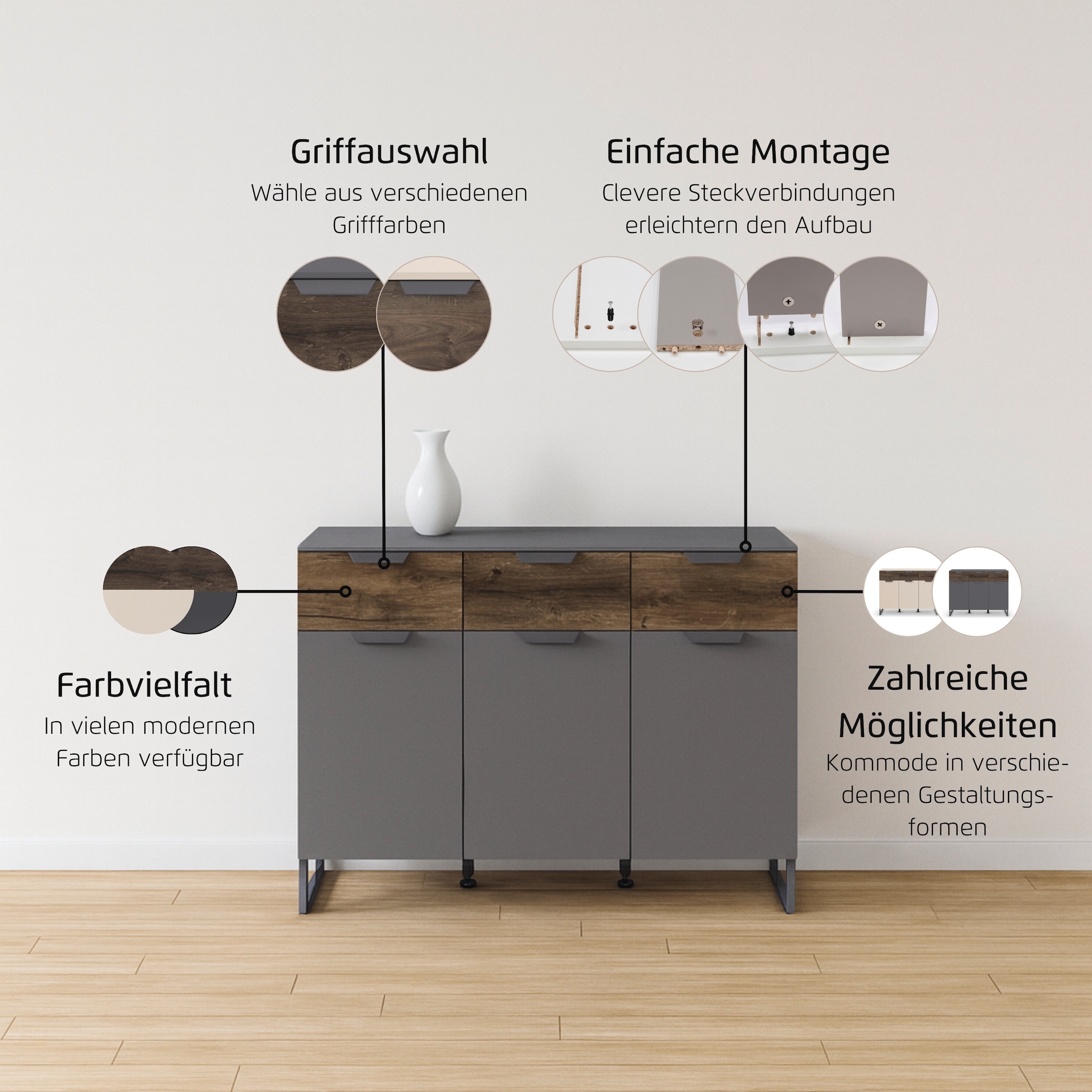 rauch Kombikommode »Barea« Breite 120 cm, Höhe 92 cm,  3 Türen, 3 geräumige Schubladen, Böden verstellbar MADE IN GERMANY