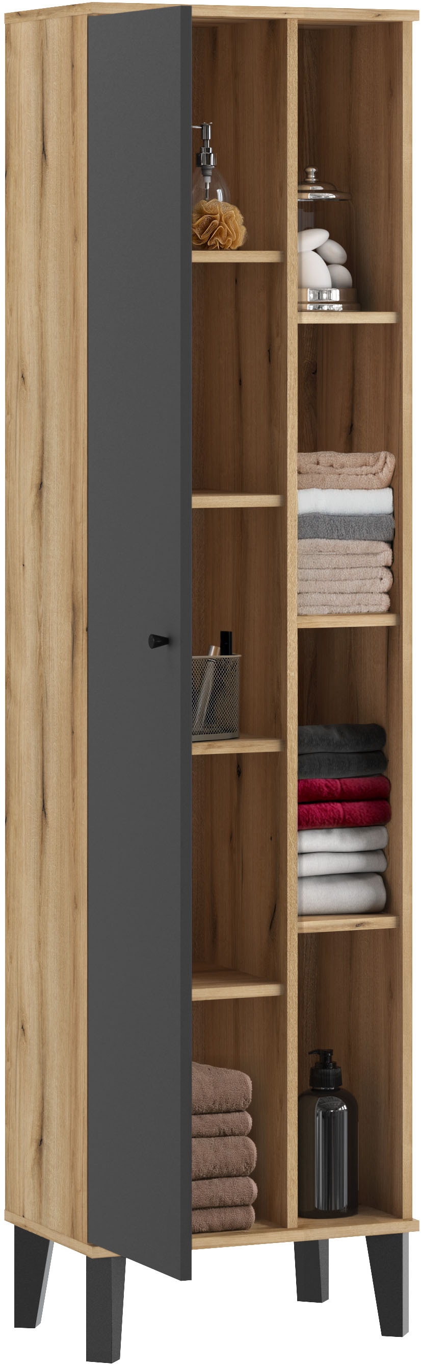 INOSIGN Stauraumschrank »Oslo, Badschrank mit Knopfgriff, Hochschrank im skandinavischen Design«, in der Türfarbe Weiß oder Grau verfügbar, ausreichend Stauraum
