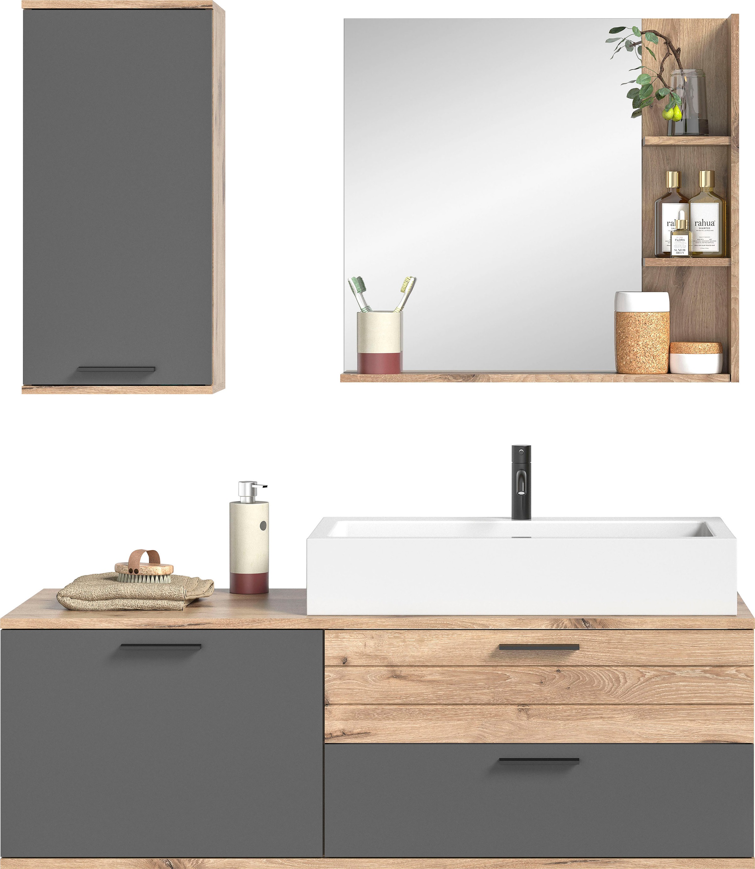 INOSIGN Badmöbel-Set »Riga, 3 teilig, inklusive Keramik-Aufsatzwaschbecken, bestehend aus:«, (Set, 3 St.), Waschtisch-Set, Hängeschrank, Badspiegel