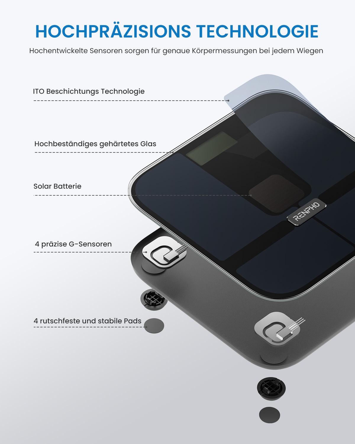 Renpho Körper-Analyse-Waage »Elis Solar 2 Smart Body Scale A020«, Smarte Solar-Körperanalysewaage mit 13 Körpermessungen