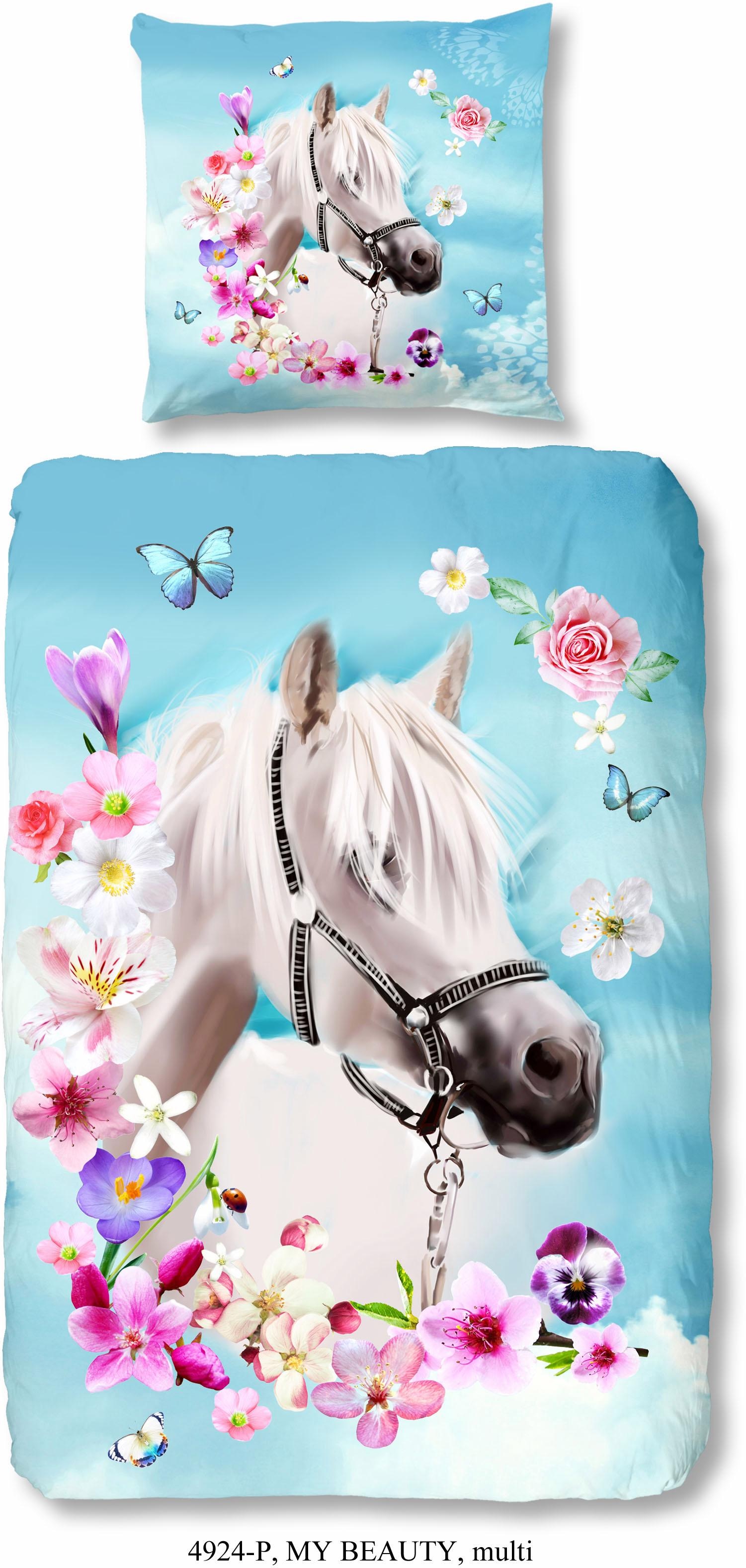 good morning Kinderbettwäsche »My beauty«, Baumwolle, 135x200, Reißverschluss, Wende, Kind, Mädchen, Pferd, Blau