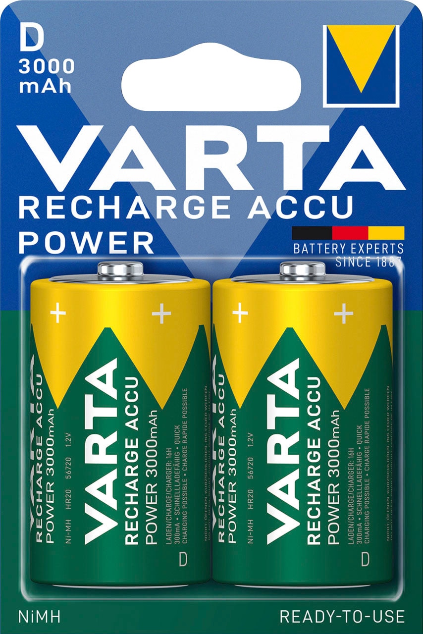 VARTA Batterie »RECHARGE ACCU Power vorgeladener D Mono NiMH Akku (2er Pack, 3000mAh)«, 1,2 V, (2 St.)