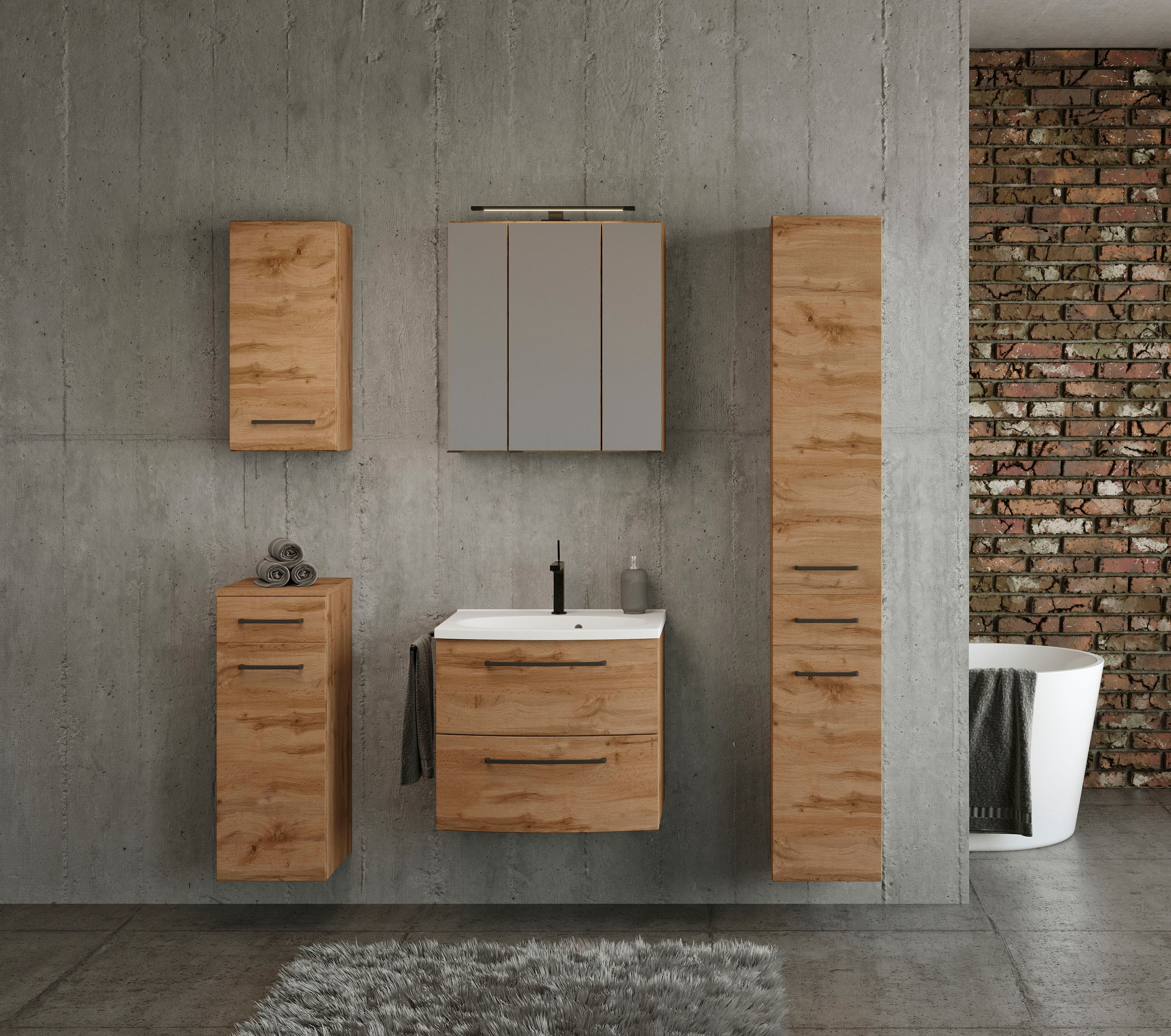 welltime Badmöbel-Set »Chicago«, (5 St., Spiegelschrank, Waschtisch, Hängeschrank, Unterschrank, Seitenschrank)