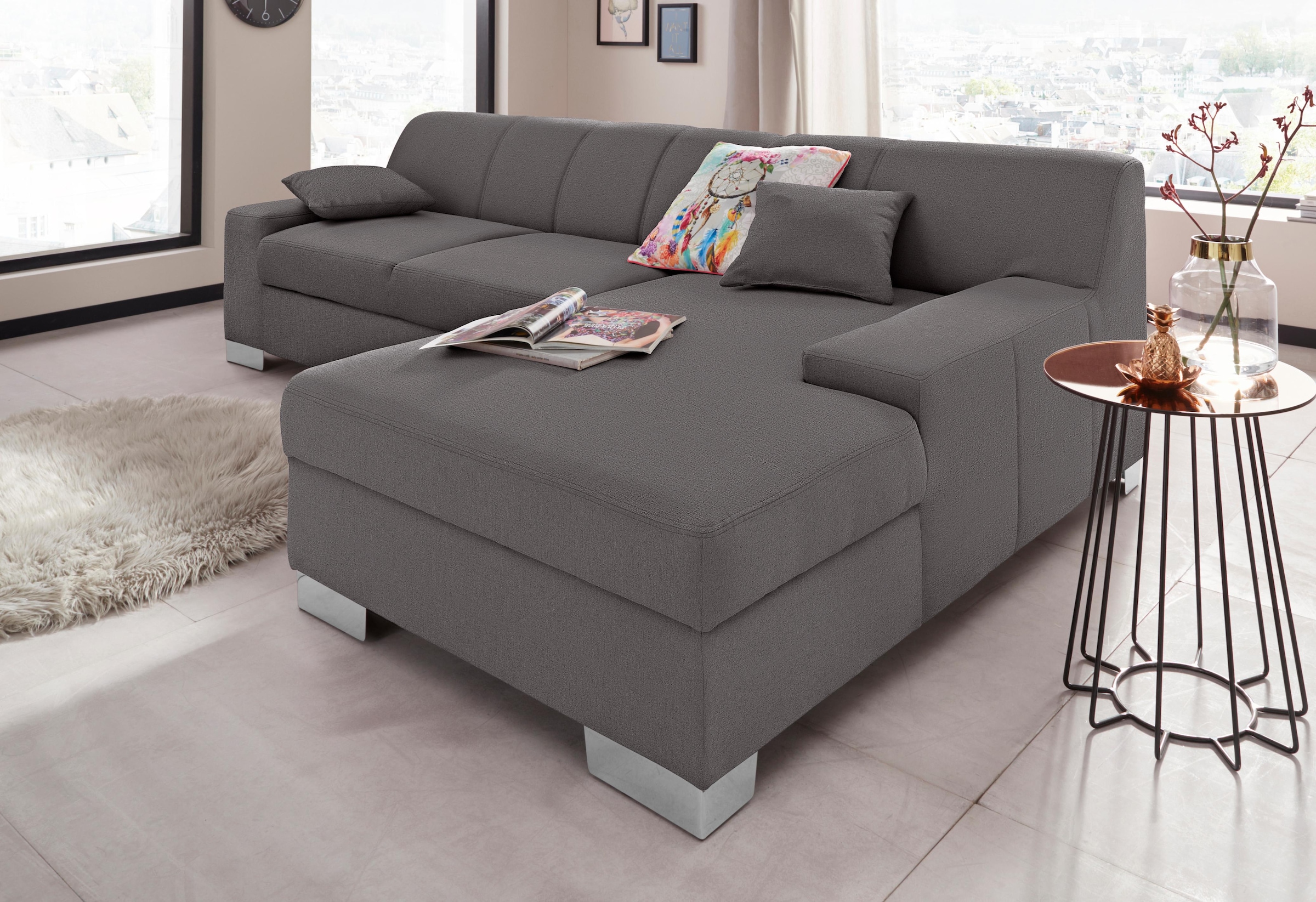 DOMO collection Ecksofa »Bero, elegant und zeitlos, flache  Armlehnen, Breite 268cm L-Form« fester Sitzkomfort, wahlweise mit Bettfunktion