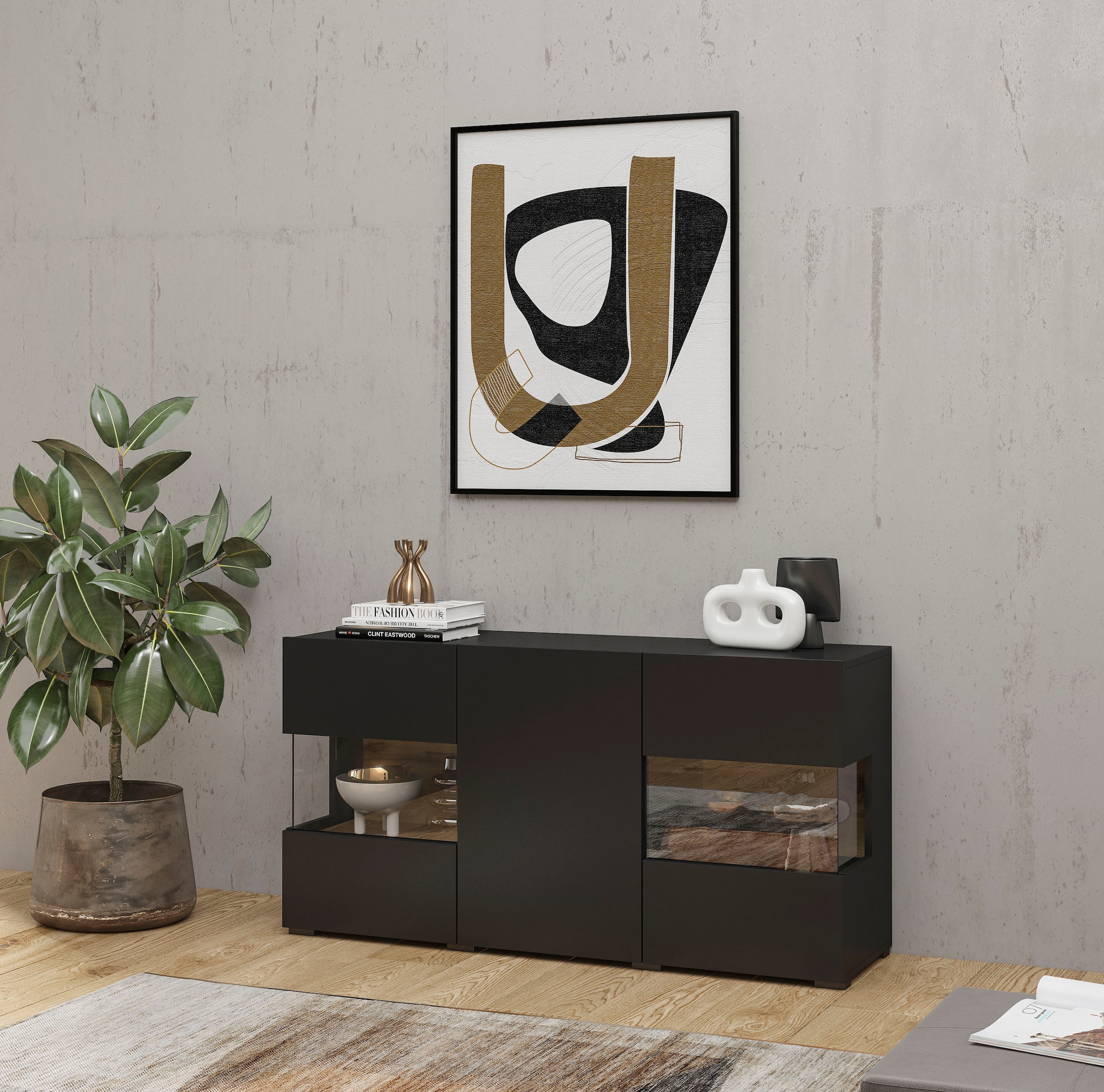 INOSIGN Sideboard »Ava, Breite 120 cm, hängend und stehend montierbar«, moderne grifflose Kommode, Anrichte, 3Türen, Eckverglasung