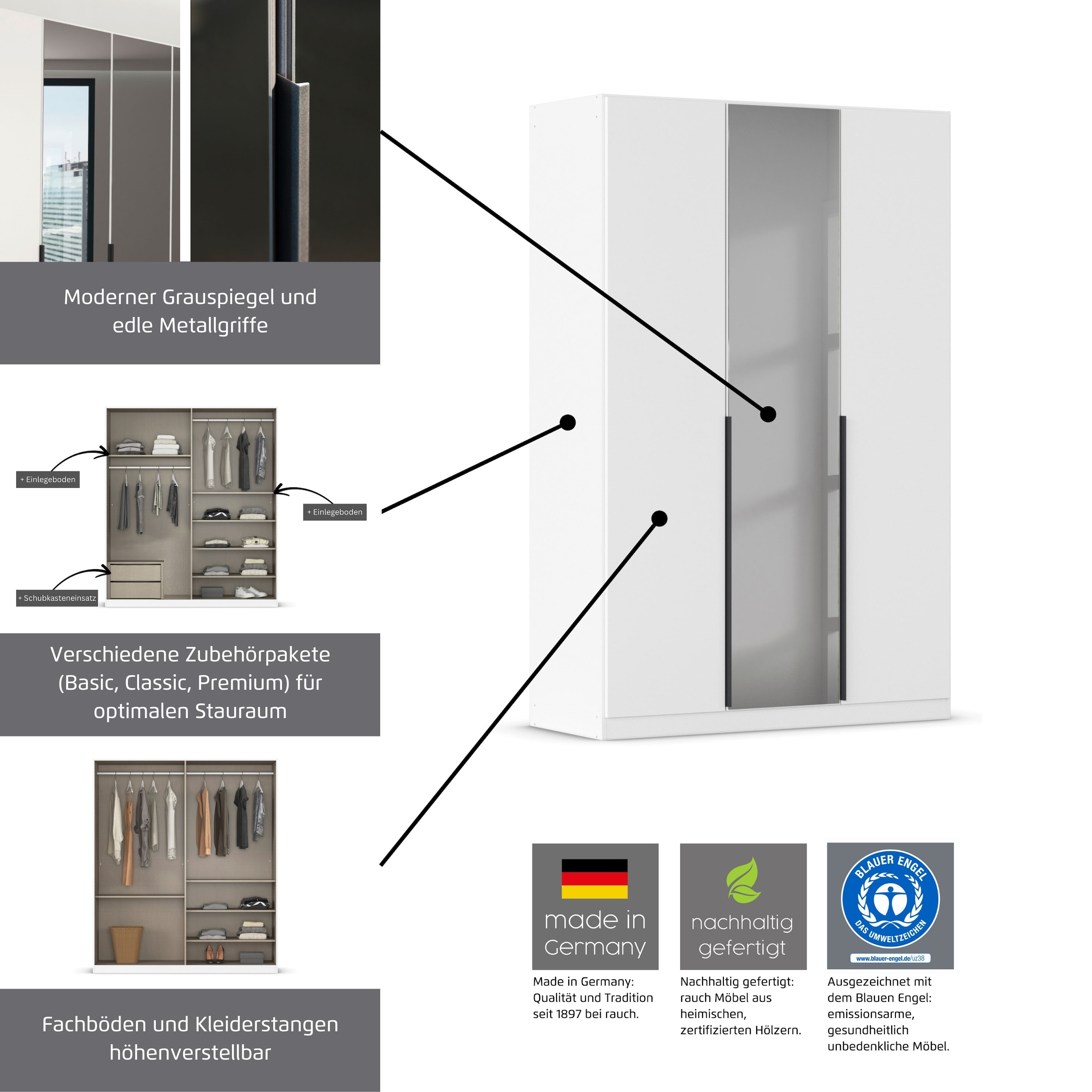 INOSIGN BY RAUCH Drehtürenschrank »Ferris Schrank Breite 2,10m BESTSELLER Schlafzimmerschrank«, Kleiderschrank mit Spiegel in den Ausführungen BASIC/CLASSIC/PREMIUM