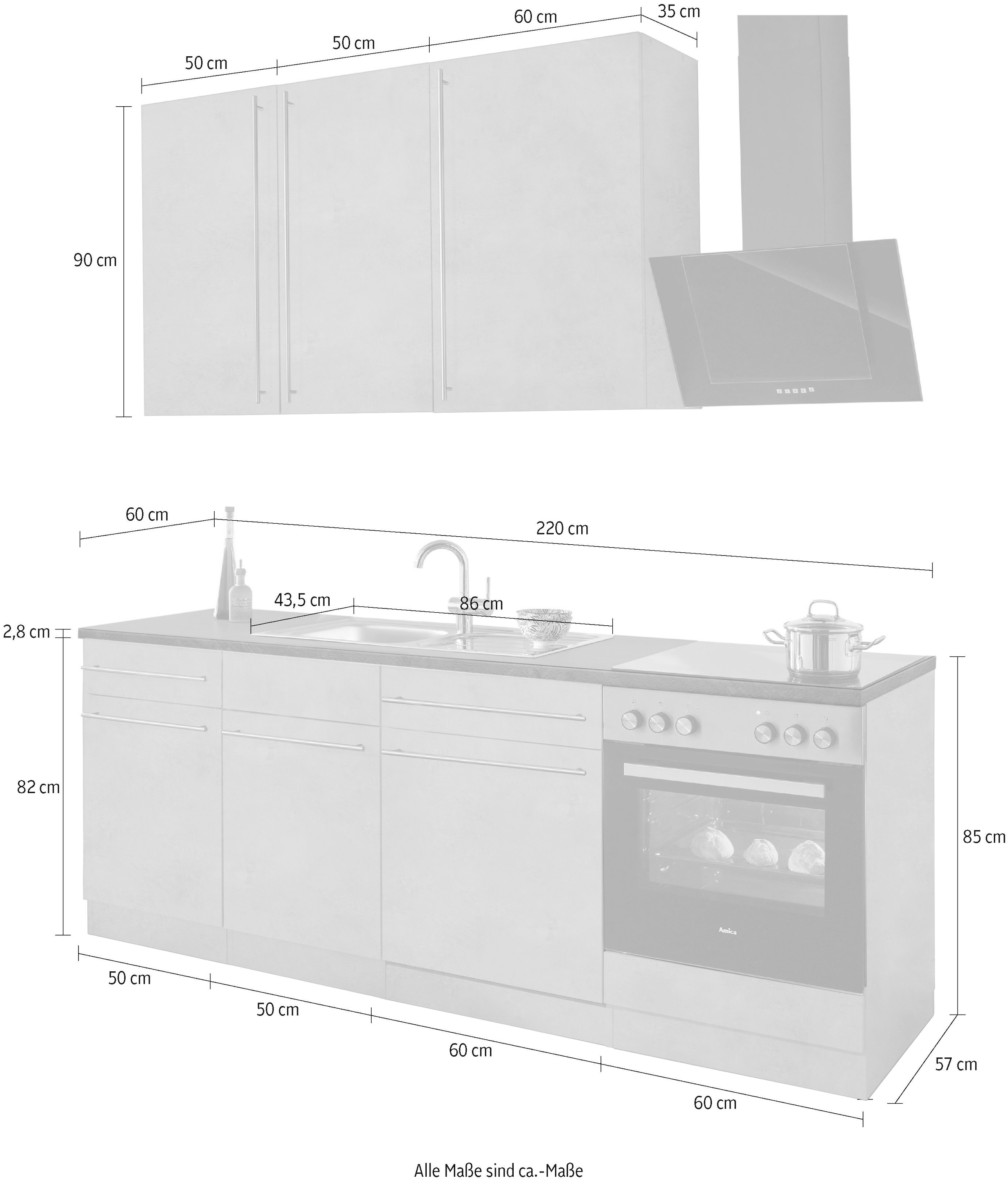 bei E-Geräten, OTTO Breite bestellen Küchenzeile cm 220 Küchen wiho »Chicago«, mit