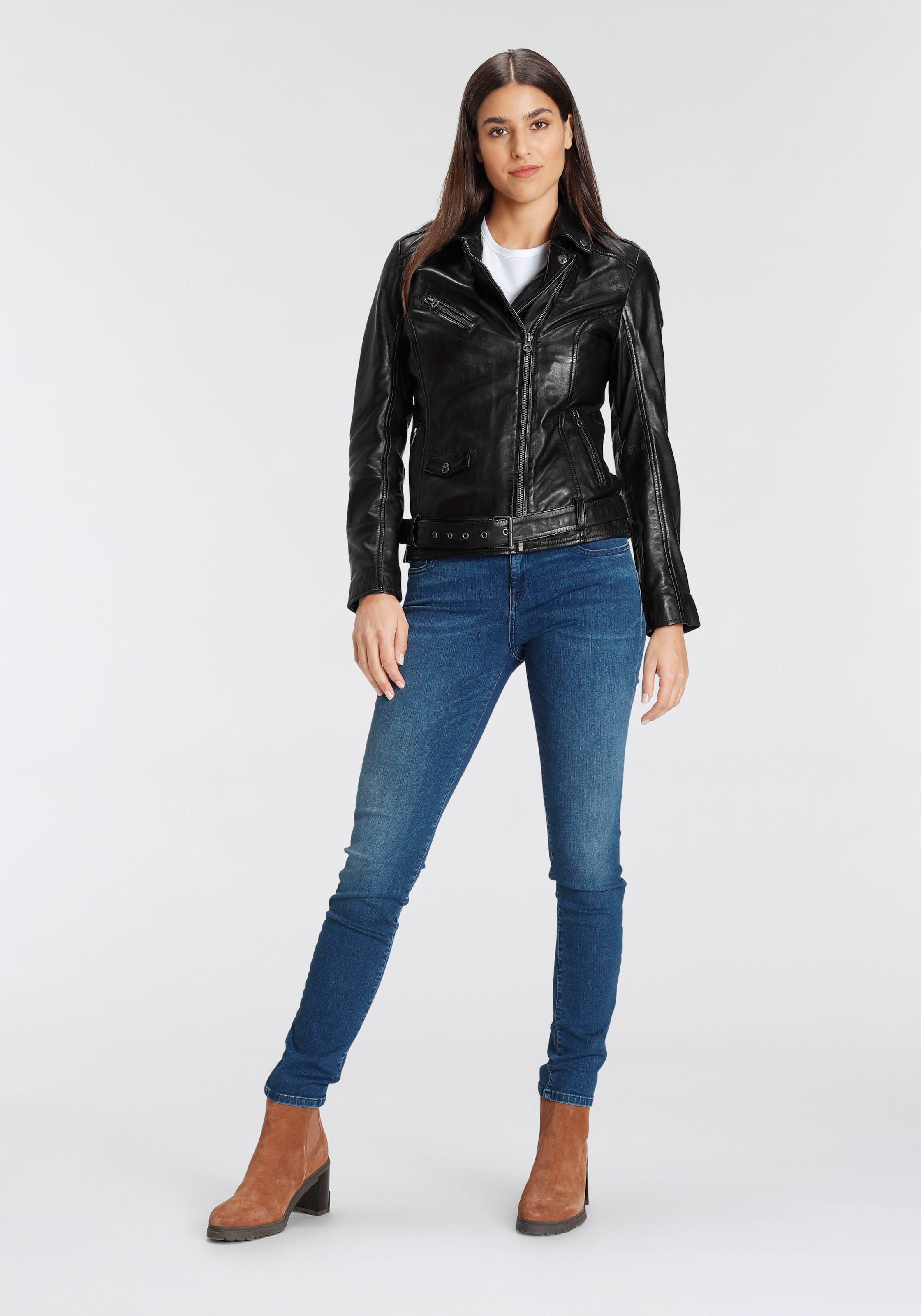 Mauritius Lederjacke »AUBREE«, lässige Bikerjacke mit Gürtel