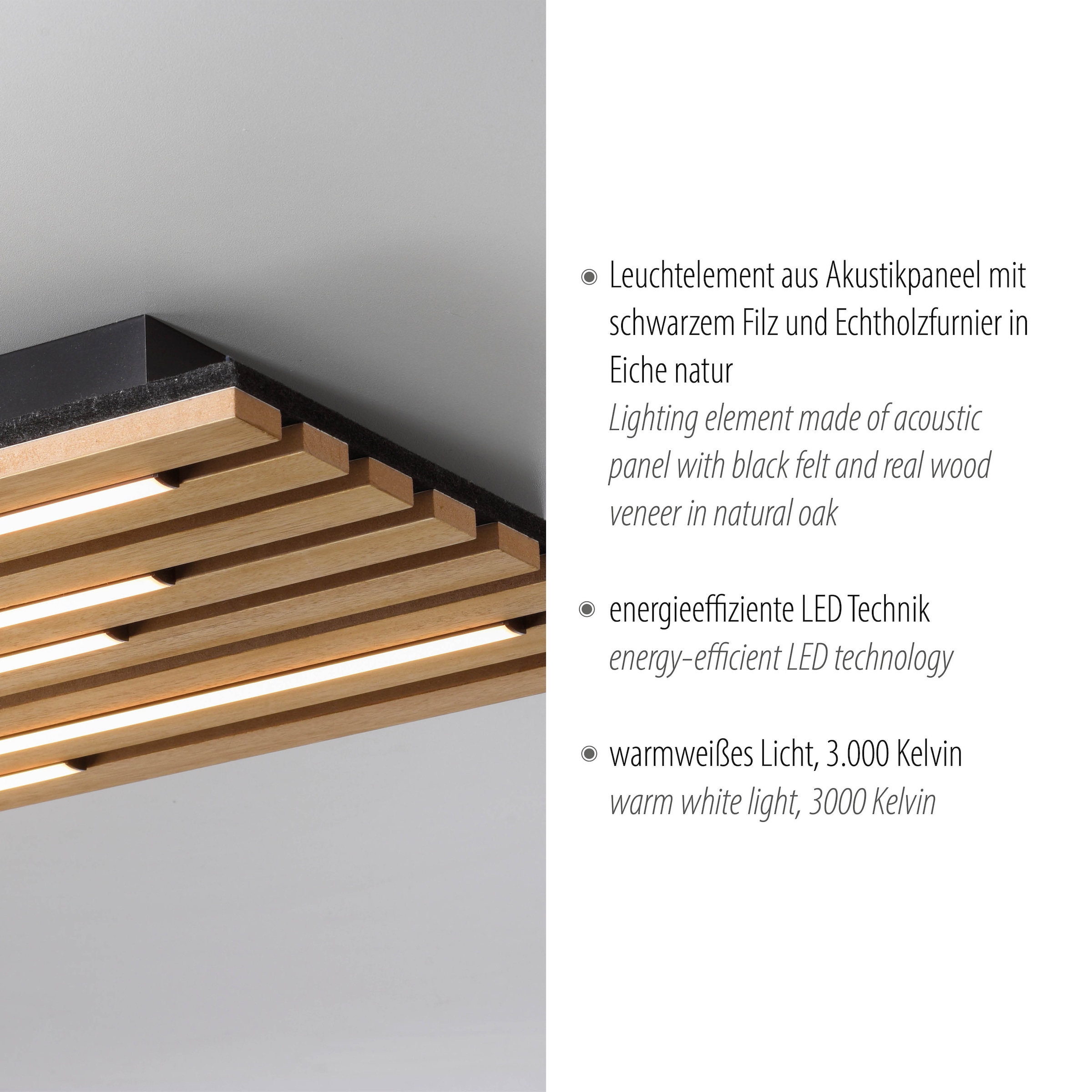 JUST LIGHT LED Deckenleuchte »AKUSTIK« LED-Board 1 Stk. Warmweiß Akustikpaneel mit Echtholzfurnier: Eiche