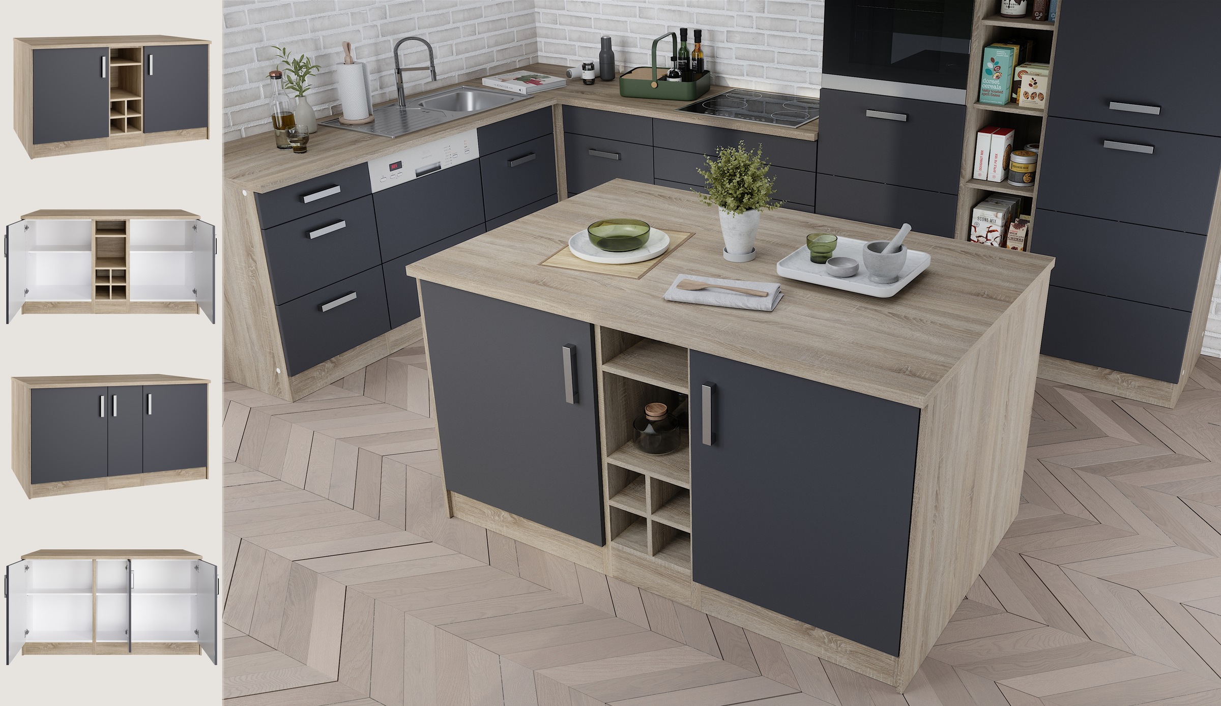 KOCHSTATION Kücheninsel »KS-Toronto«, Breite 153 cm, MDF-Fronten, Flaschenregal