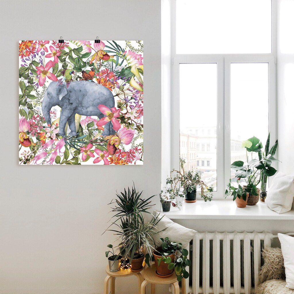 Artland Wandbild »Elefant im Blüten Dschungel«, Wildtiere, (1 St.)