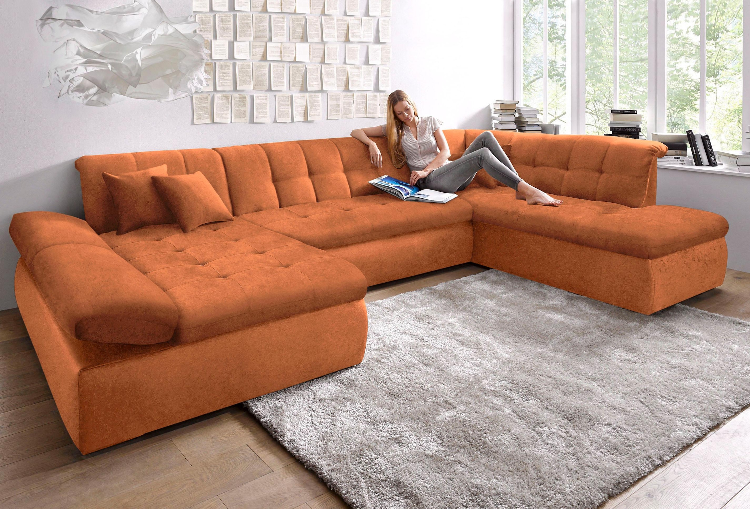 DOMO collection Wohnlandschaft »NMoric im XXL-Format, B/T/H: 353/216/80 cm, incl. Zierkissen U-Form«, wahlweise mit Bettfunktion und Armlehnenverstellung