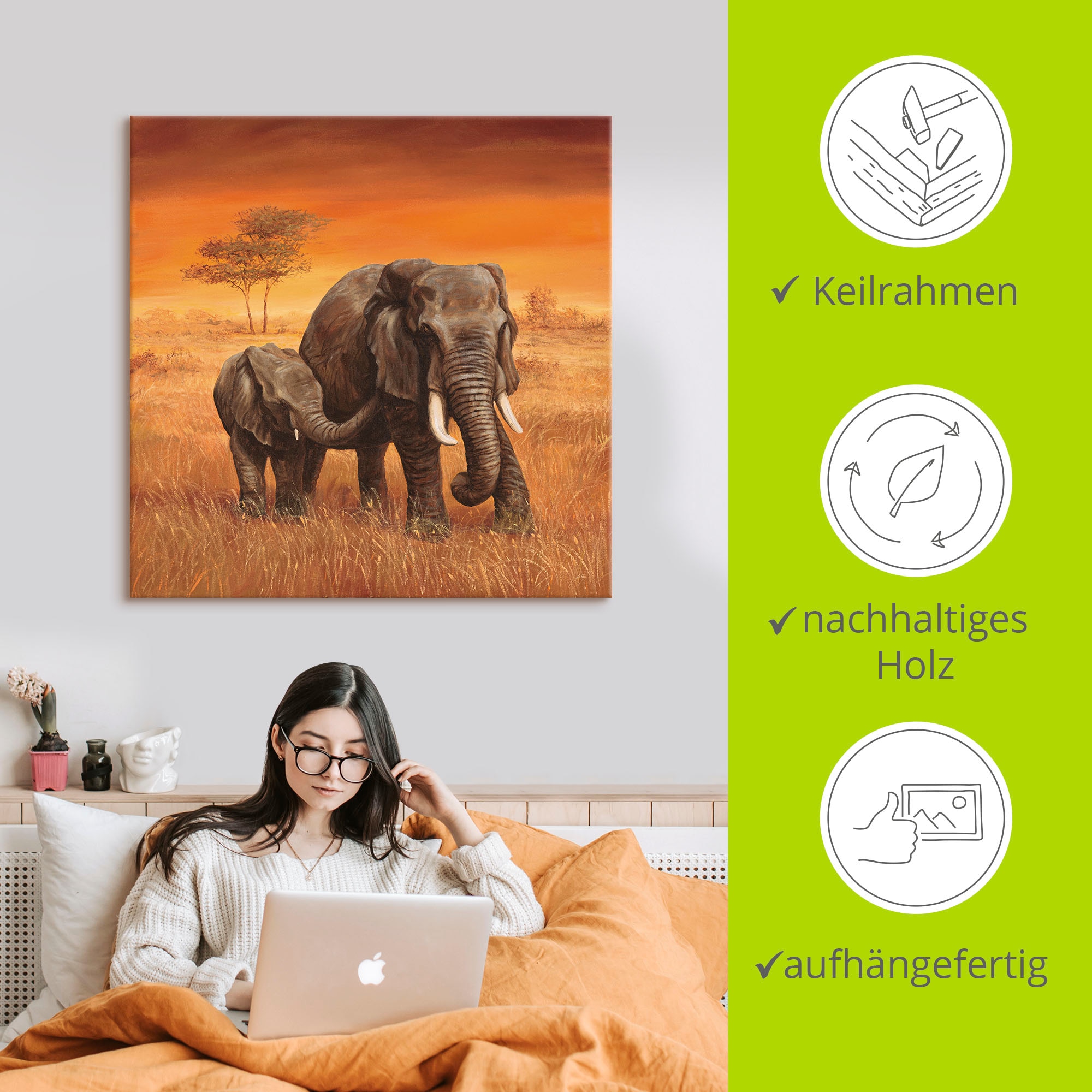 Artland Leinwandbild »Elefanten II« Wildtiere 1 Stk. tlg. auf Holzrahmen gespannt