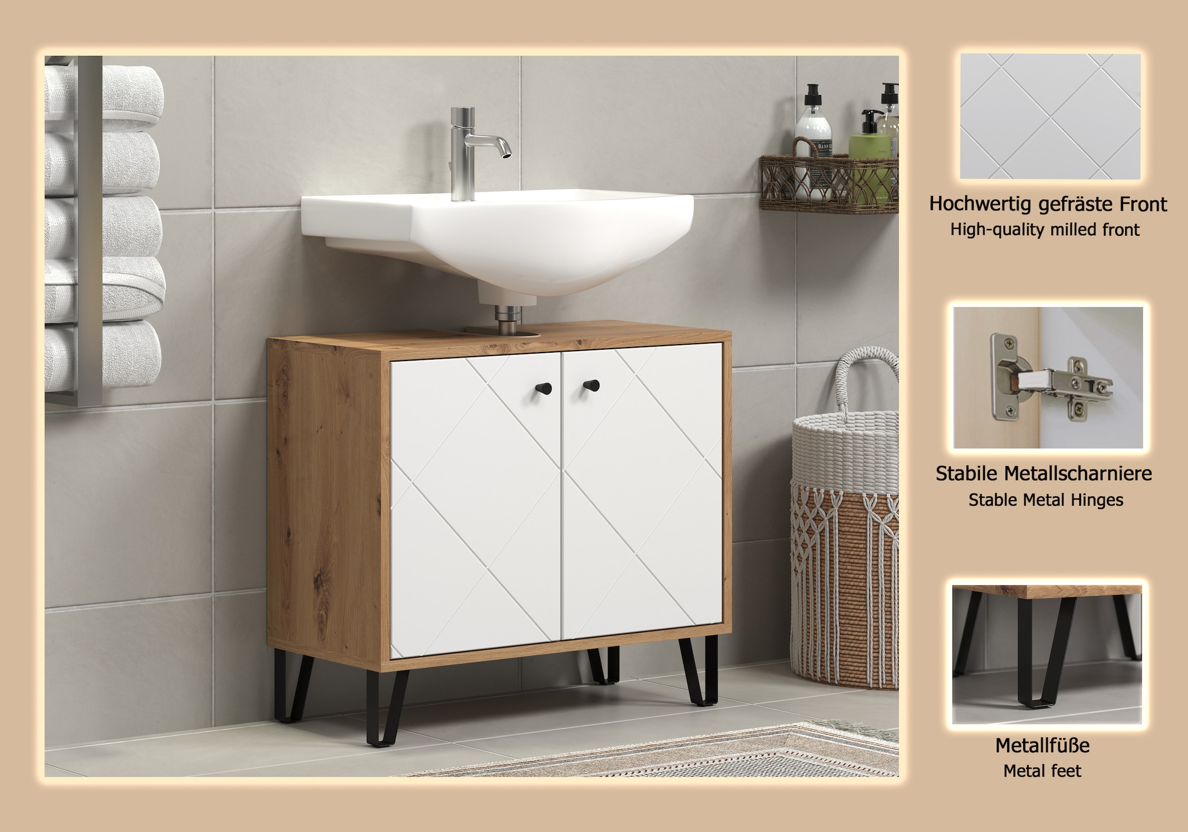 Places of Style Waschbeckenunterschrank »Tarragona«, (1 St.), Waschbeckenunterschrank mit 2 Türen - (B/T/H) 69/32/61 cm
